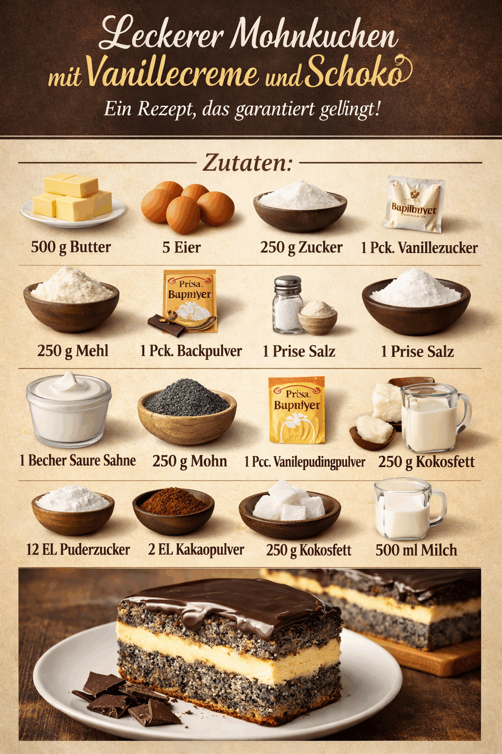 Leckerer Mohnkuchen mit Vanillecreme und Schoko: Ein Rezept, das garantiert gelingt!