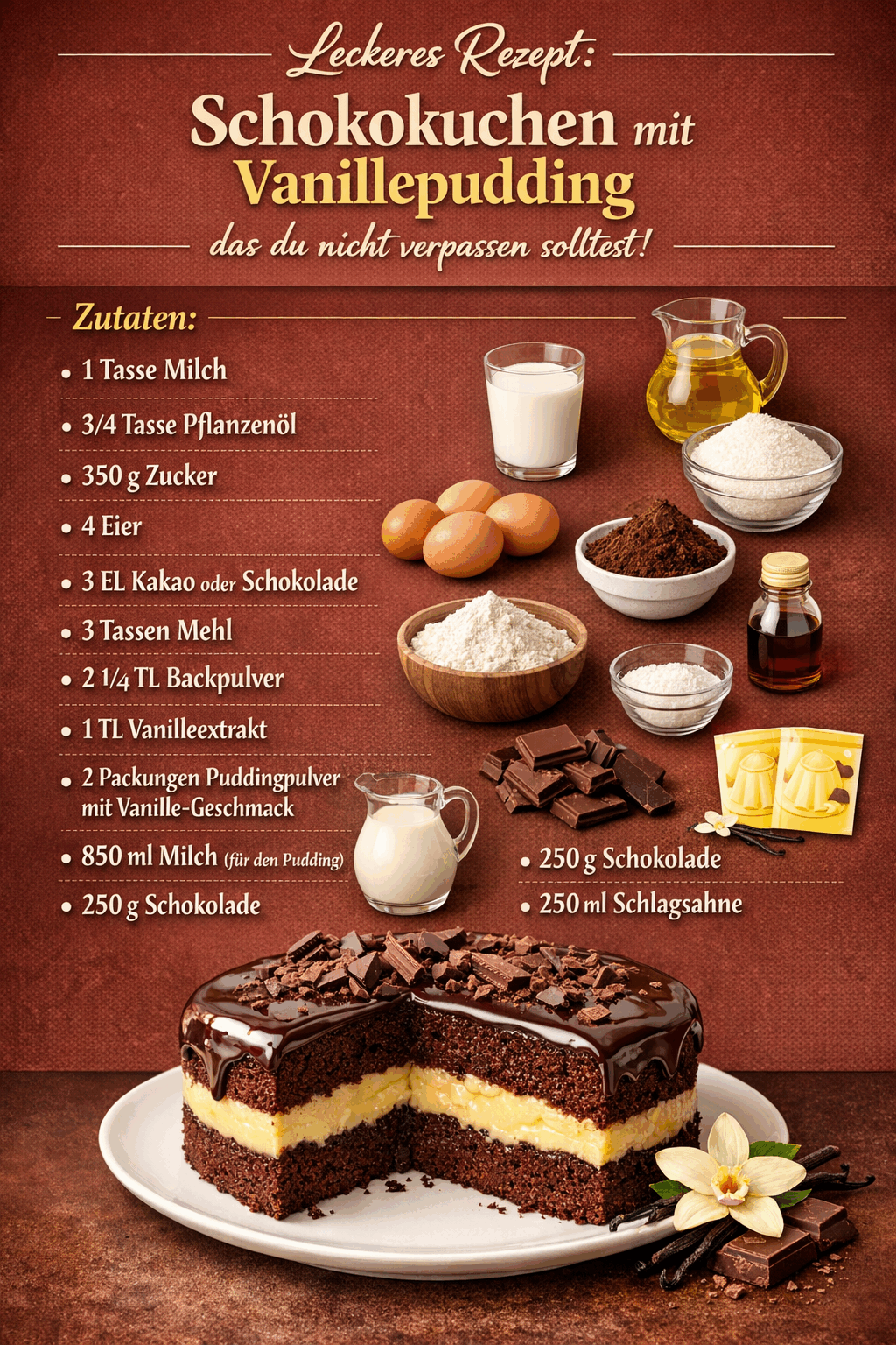 Leckeres Rezept: Schokokuchen mit Vanillepudding, das du nicht verpassen solltest!