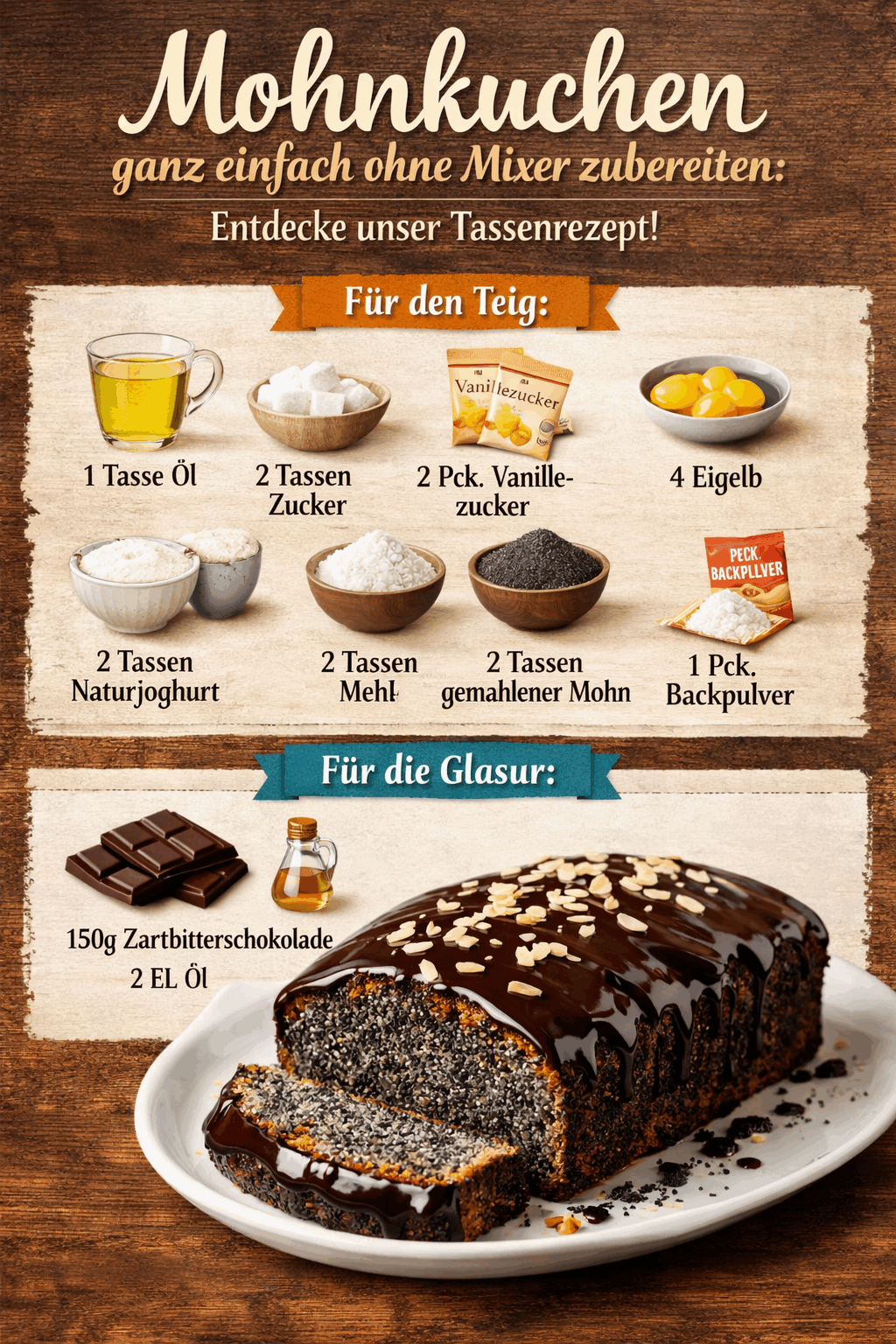 Mohnkuchen ganz einfach ohne Mixer zubereiten: Entdecke unser Tassenrezept!