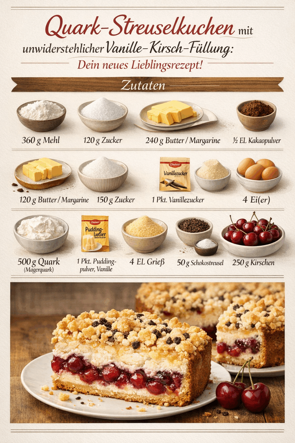 Quark-Streuselkuchen mit unwiderstehlicher Vanille-Kirsch-Füllung: Dein neues Lieblingsrezept!