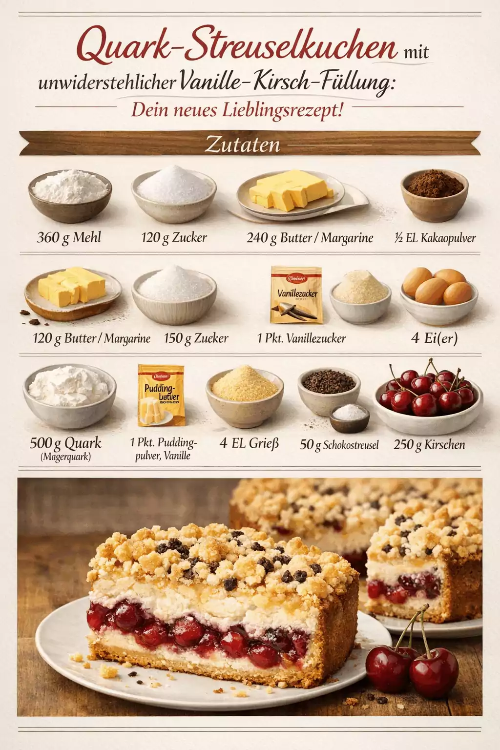 Quark-Streuselkuchen mit unwiderstehlicher Vanille-Kirsch-Füllung: Dein neues Lieblingsrezept!