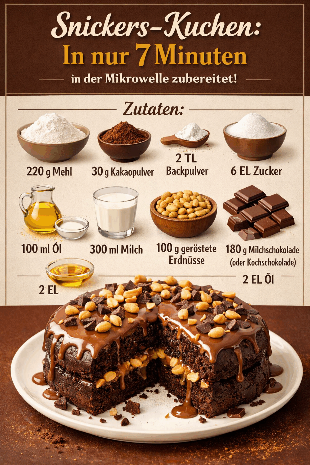 Snickers-Kuchen: In nur 7 Minuten in der Mikrowelle zubereitet!