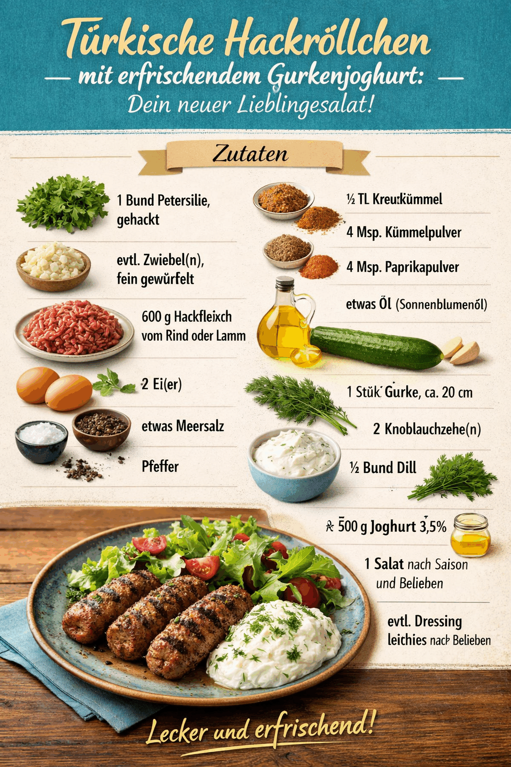 Türkische Hackröllchen mit erfrischendem Gurkenjoghurt: Dein neuer Lieblingssalat!