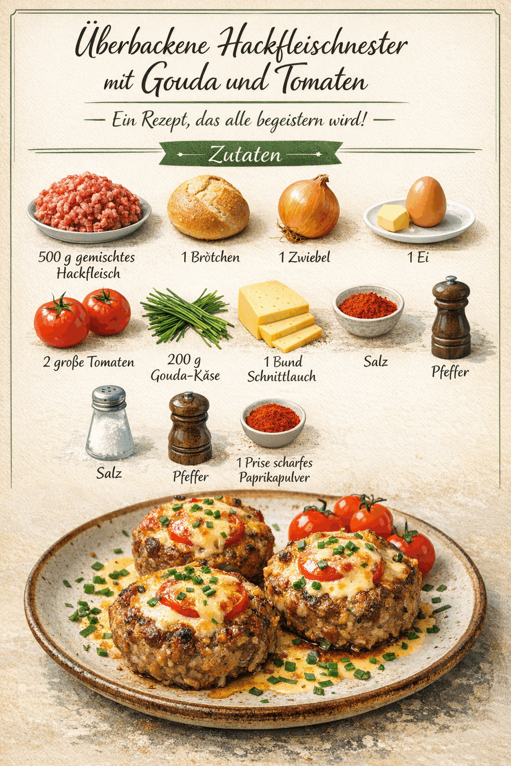 Überbackene Hackfleischnester mit Gouda und Tomaten – Ein Rezept, das alle begeistern wird!