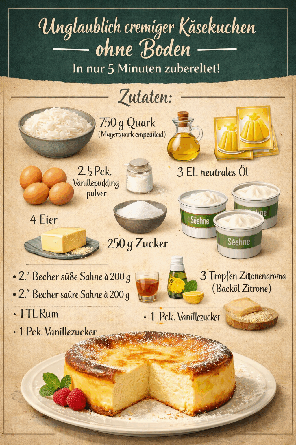 Unglaublich cremiger Käsekuchen ohne Boden: In nur 5 Minuten zubereitet!