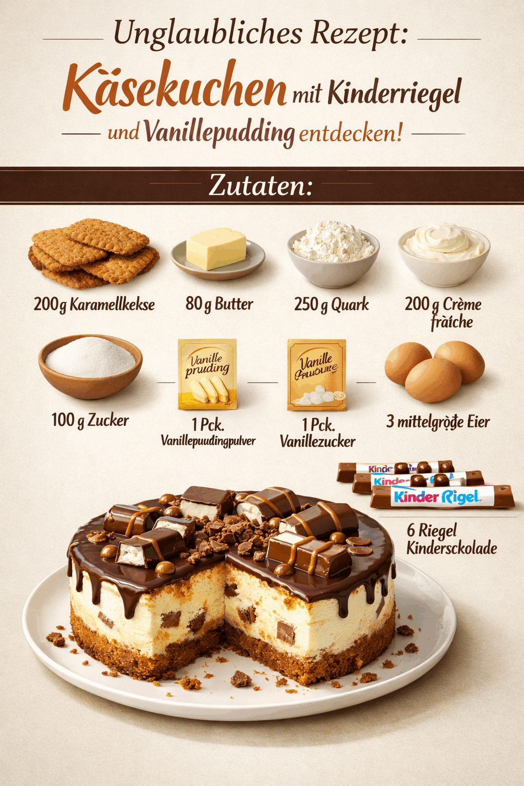 Unglaubliches Rezept: Käsekuchen mit Kinderriegel und Vanillepudding entdecken!