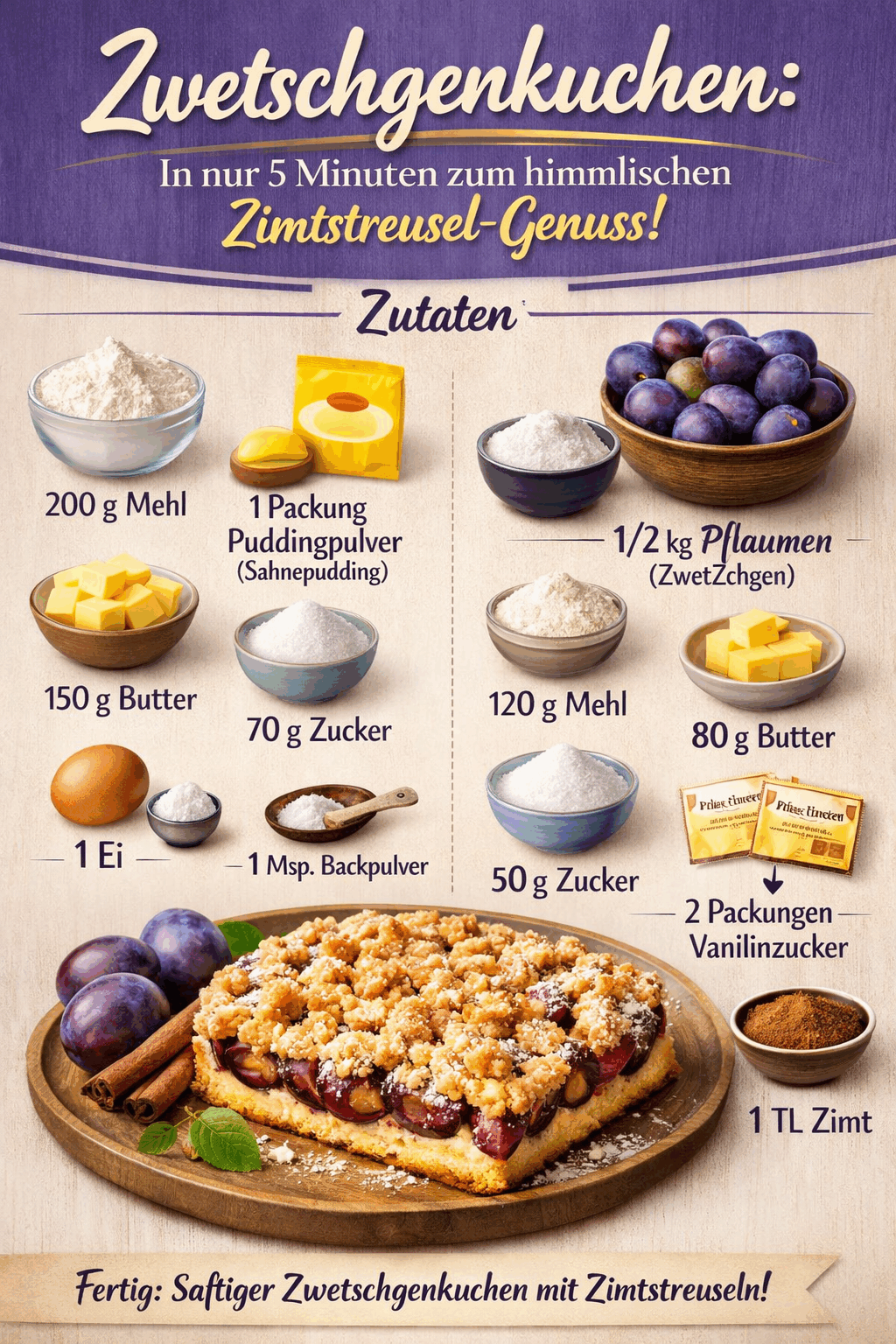 Zwetschgenkuchen: In nur 5 Minuten zum himmlischen Zimtstreusel-Genuss!