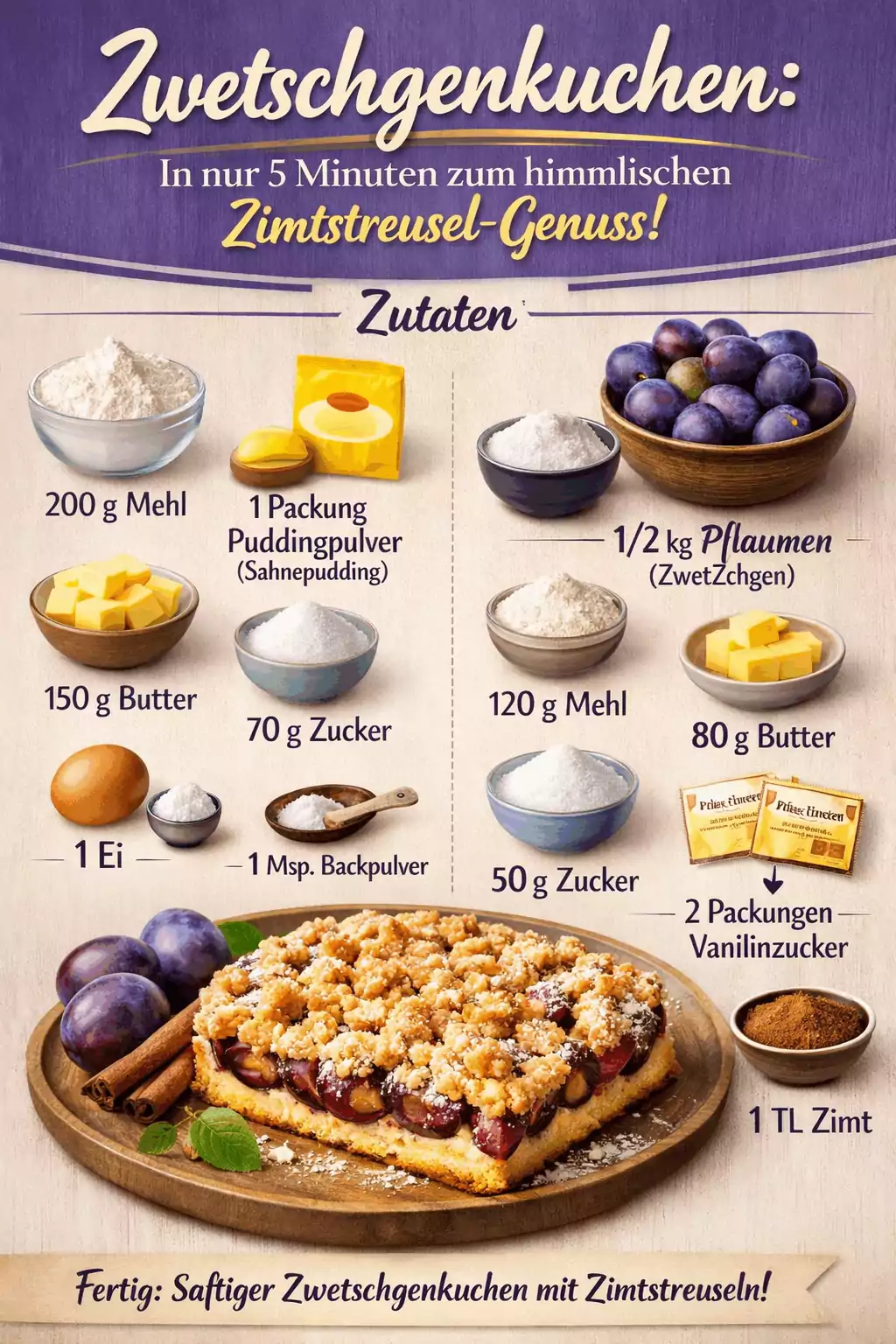 Zwetschgenkuchen: In nur 5 Minuten zum himmlischen Zimtstreusel-Genuss!