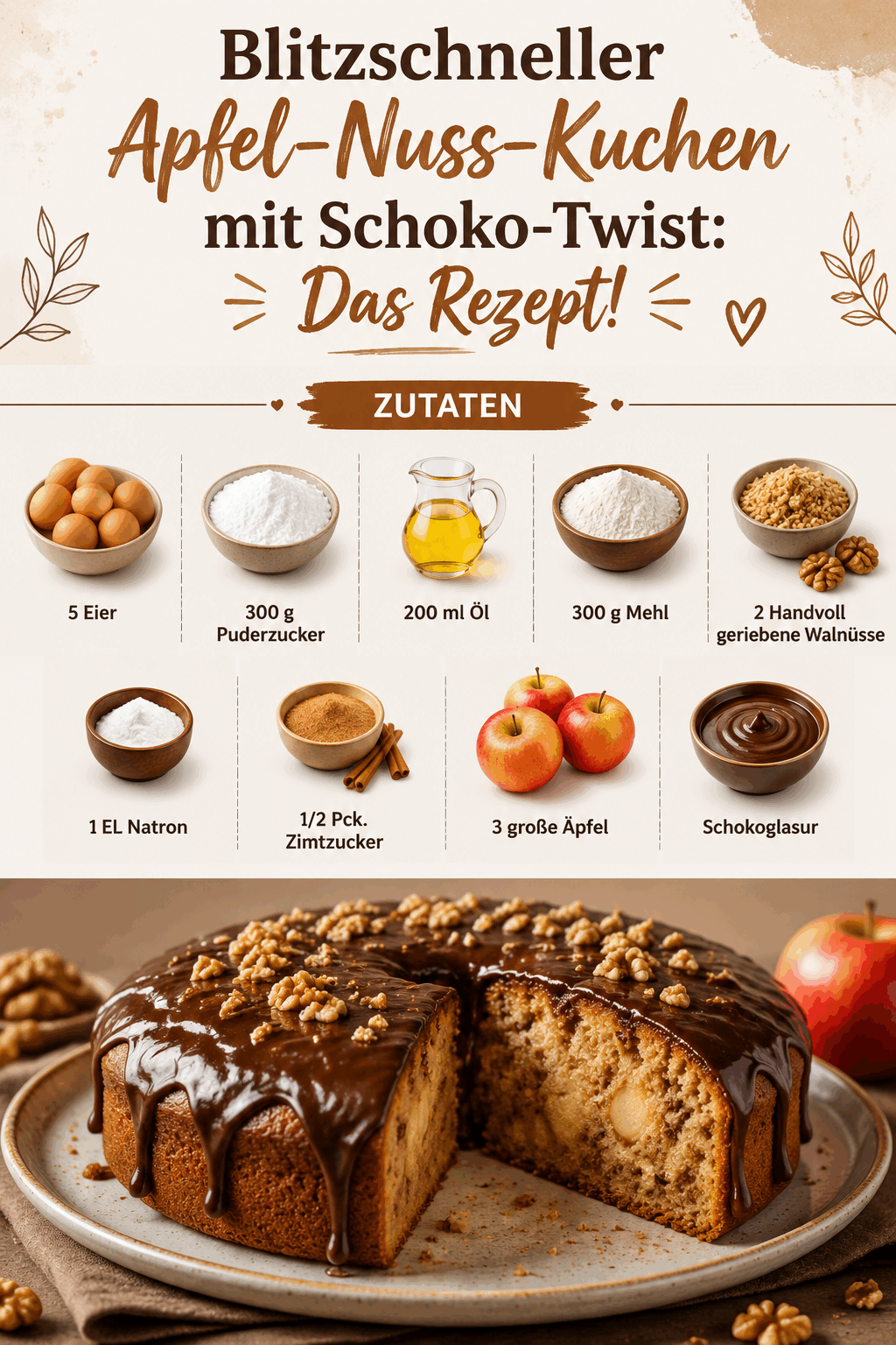 Blitzschneller Apfel-Nuss-Kuchen mit Schoko-Twist: Das Rezept!