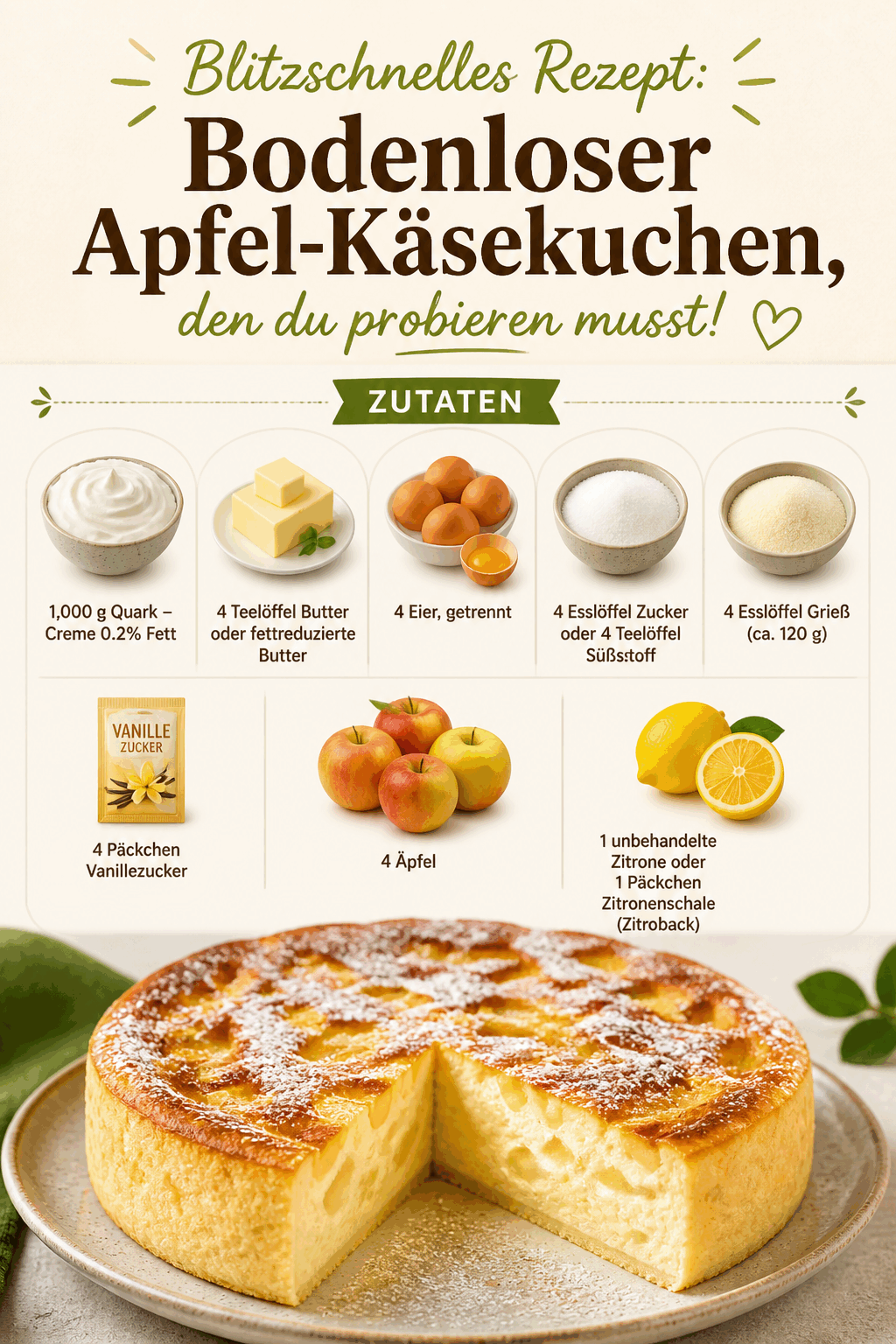Blitzschnelles Rezept: Bodenloser Apfel-Käsekuchen, den du probieren musst!