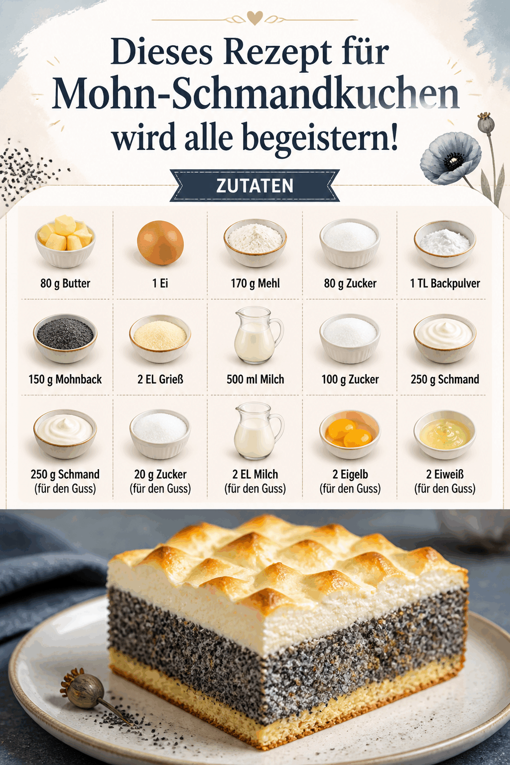 Dieses Rezept für Mohn-Schmandkuchen wird alle begeistern!