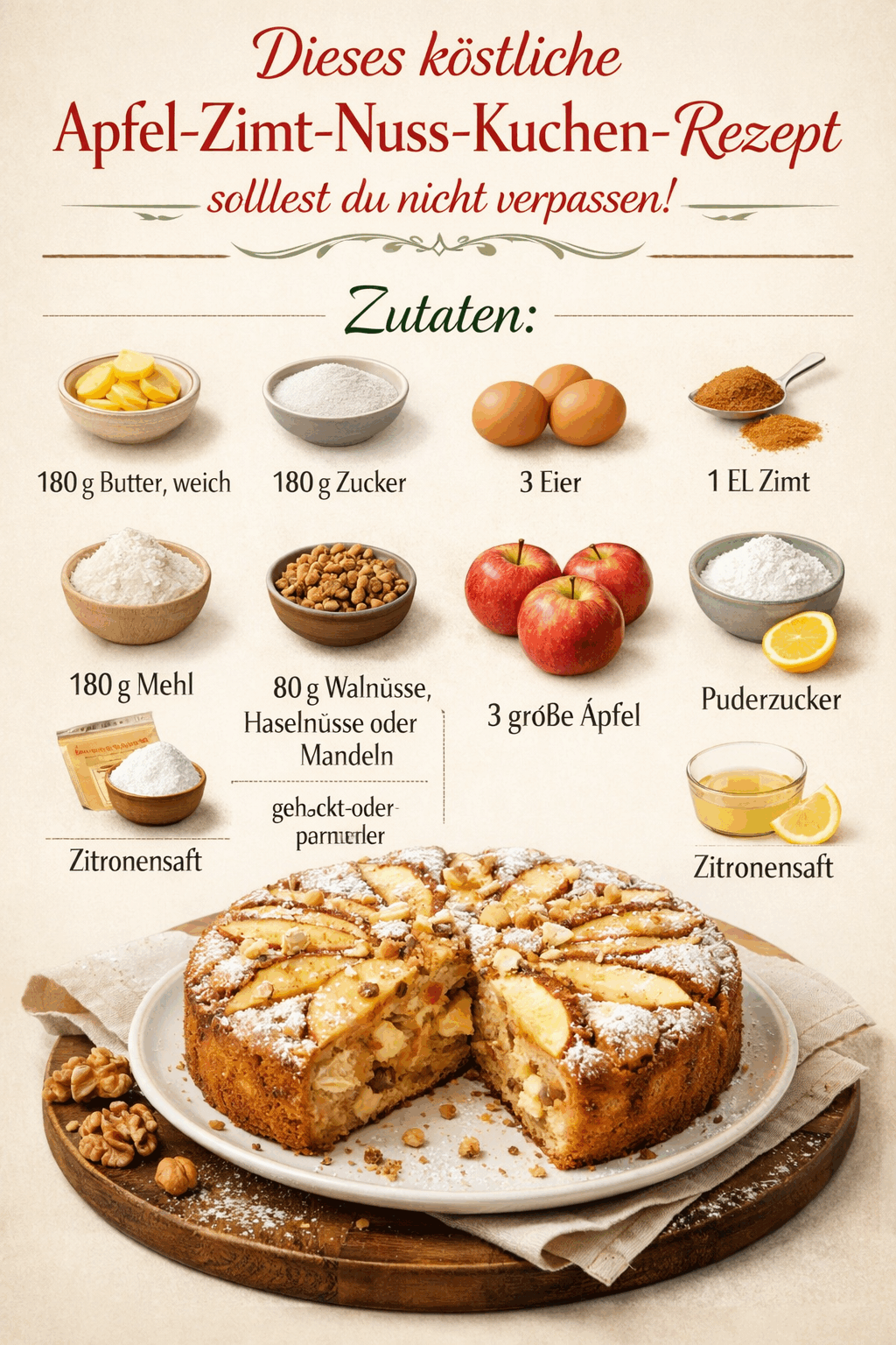 Dieses köstliche Apfel-Zimt-Nuss-Kuchen-Rezept solltest du nicht verpassen!