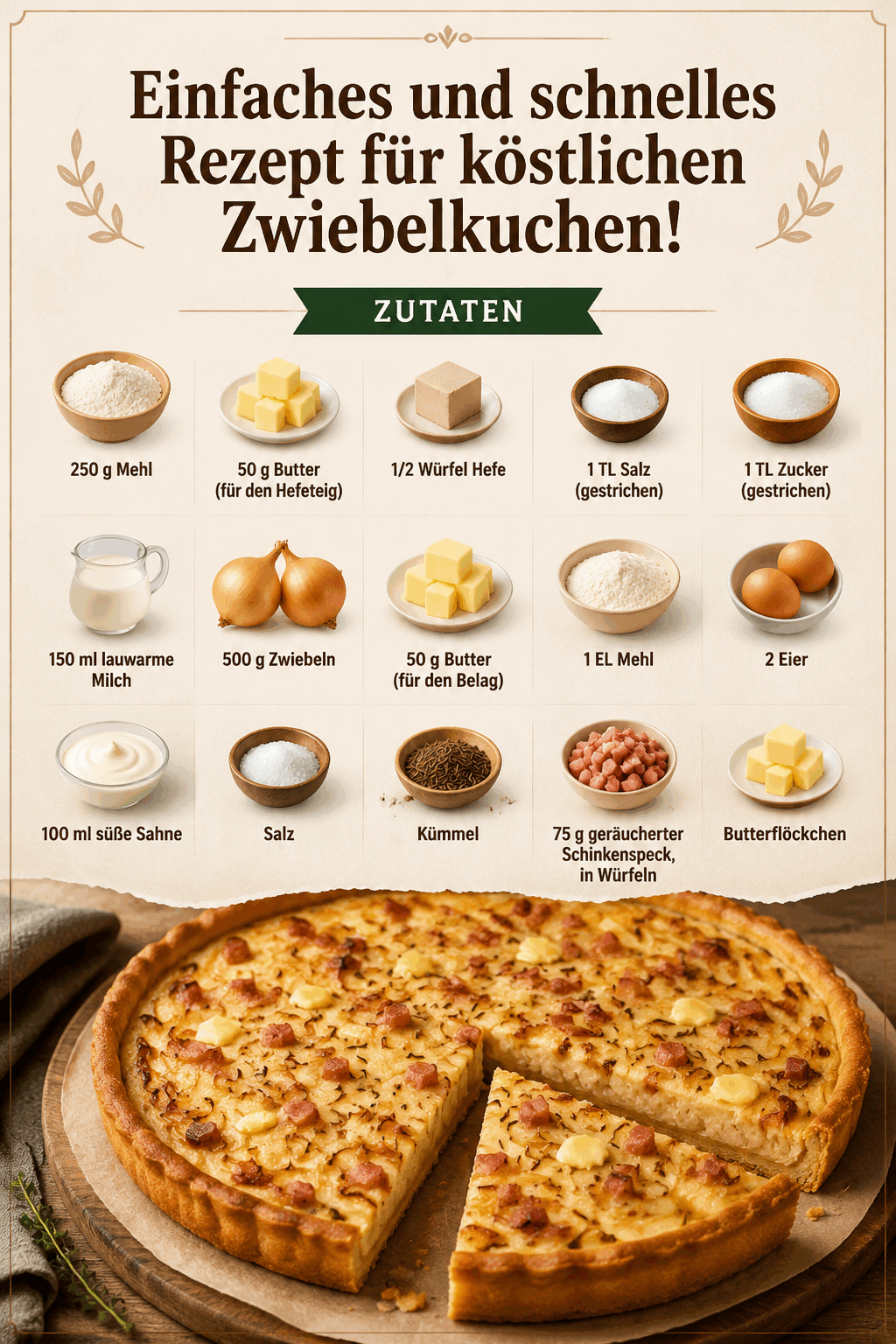 Einfaches und schnelles Rezept für köstlichen Zwiebelkuchen!