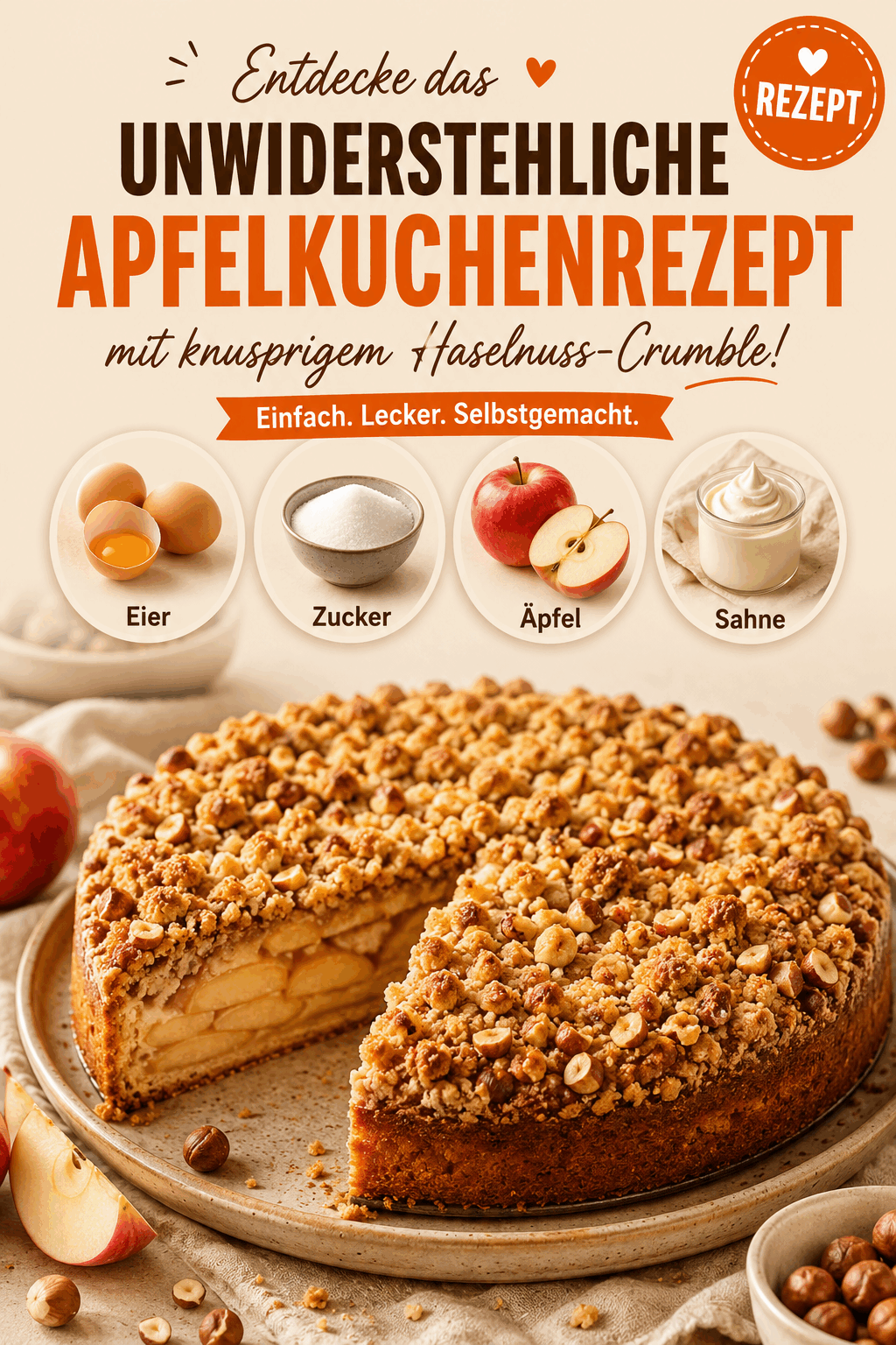 Entdecke das unwiderstehliche Apfelkuchenrezept mit knusprigem Haselnuss-Crumble!