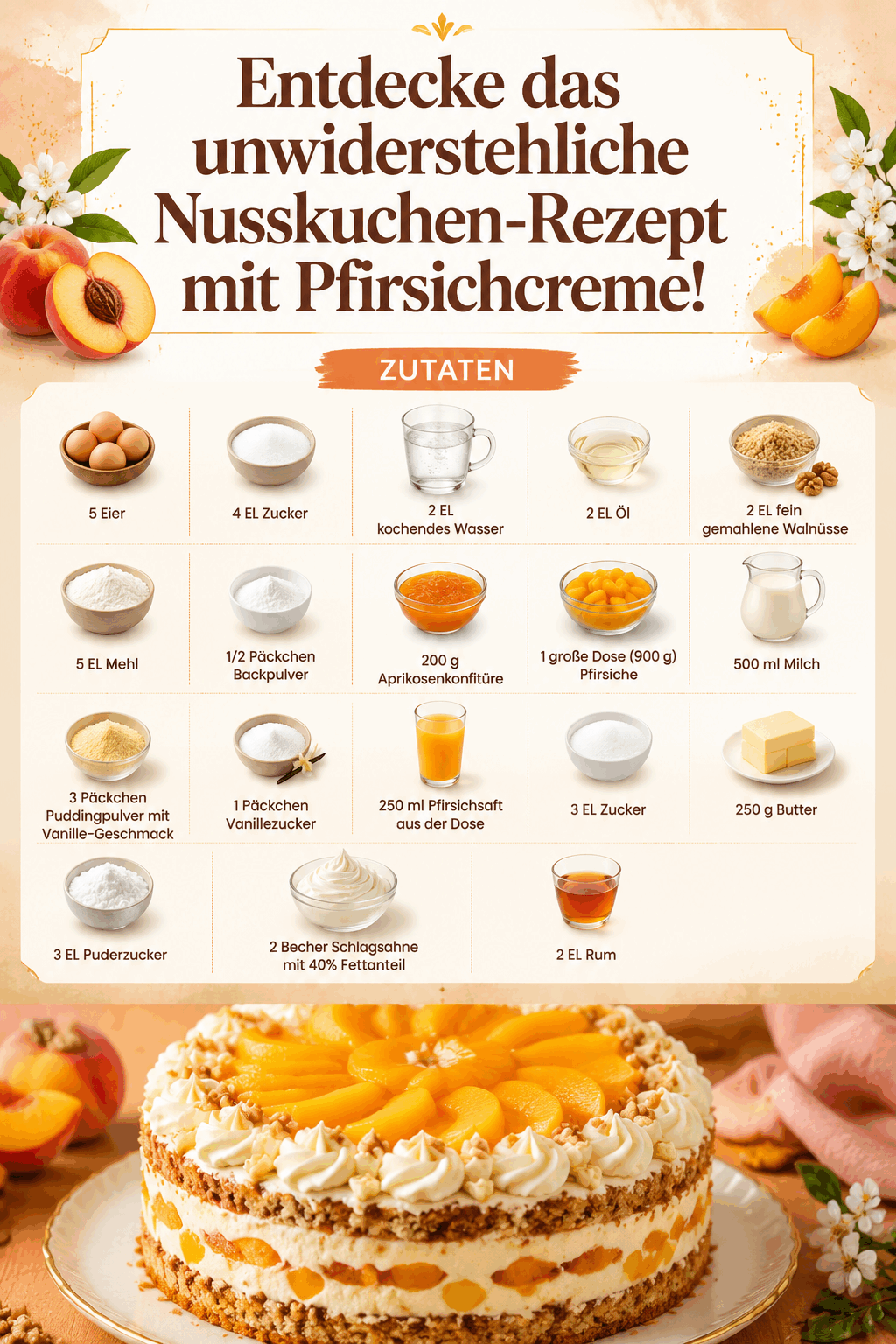 Entdecke das unwiderstehliche Nusskuchen-Rezept mit Pfirsichcreme!