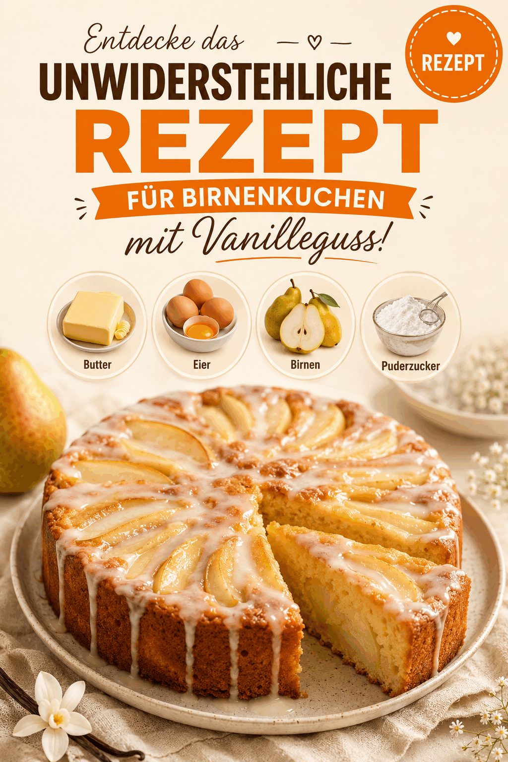 Entdecke das unwiderstehliche Rezept für Birnenkuchen mit Vanilleguss!