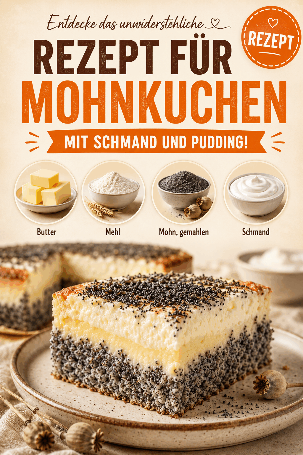 Entdecke das unwiderstehliche Rezept für Mohnkuchen mit Schmand und Pudding!