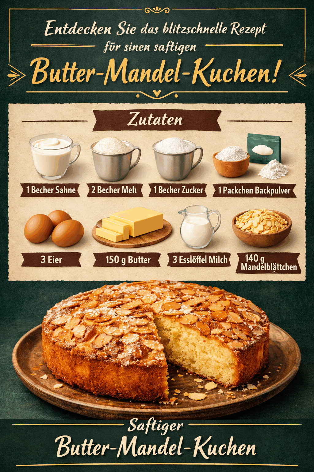 Entdecken Sie das blitzschnelle Rezept für einen saftigen Butter-Mandel-Kuchen!