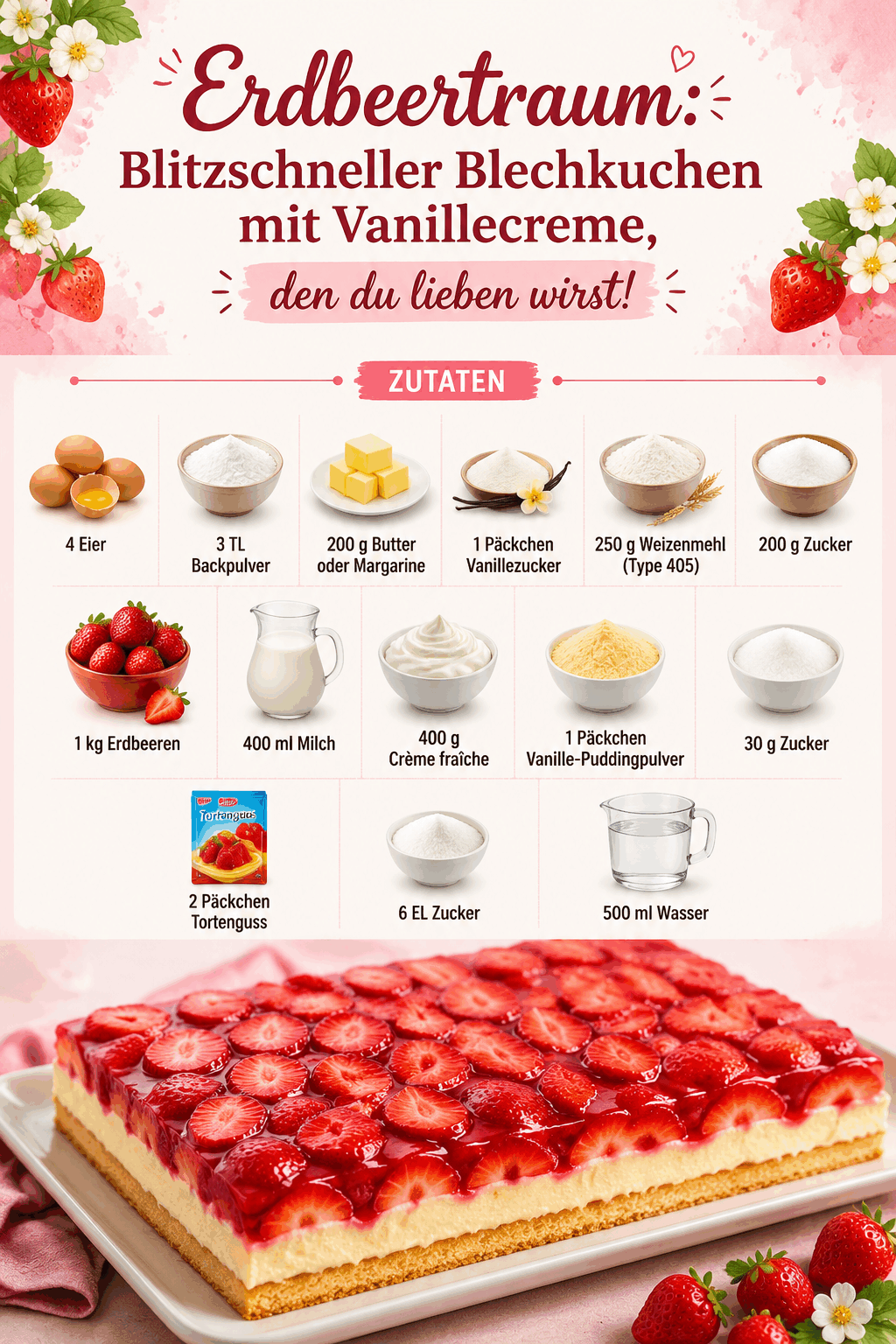 Erdbeertraum: Blitzschneller Blechkuchen mit Vanillecreme, den du lieben wirst!