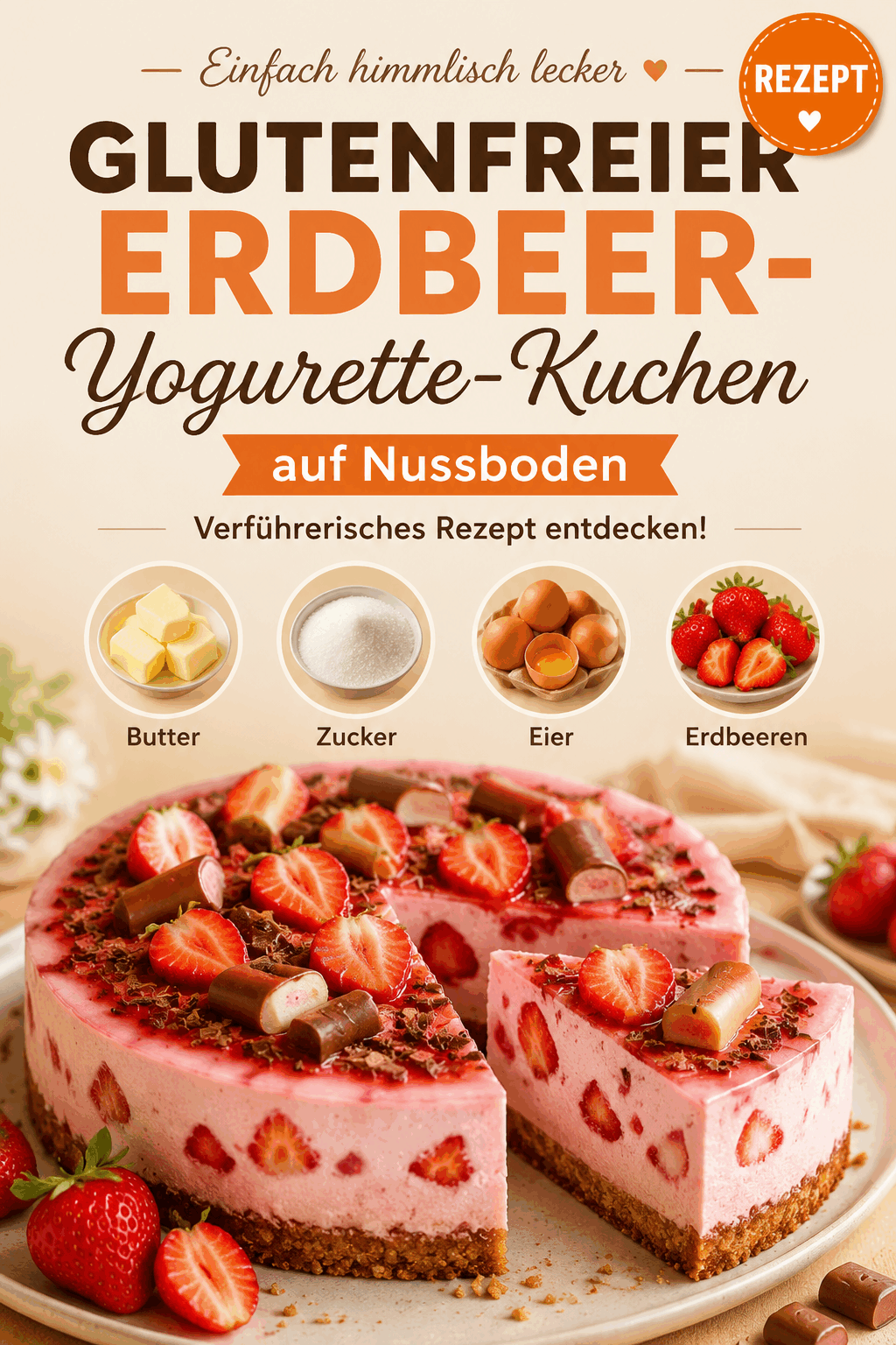 Glutenfreier Erdbeer-Yogurette-Kuchen auf Nussboden – Verführerisches Rezept entdecken!
