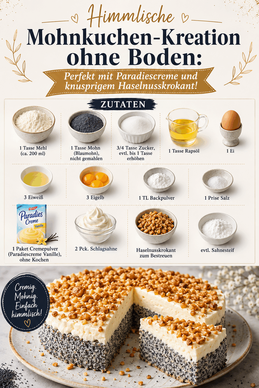 Himmlische Mohnkuchen-Kreation ohne Boden: Perfekt mit Paradiescreme und knusprigem Haselnusskrokant!