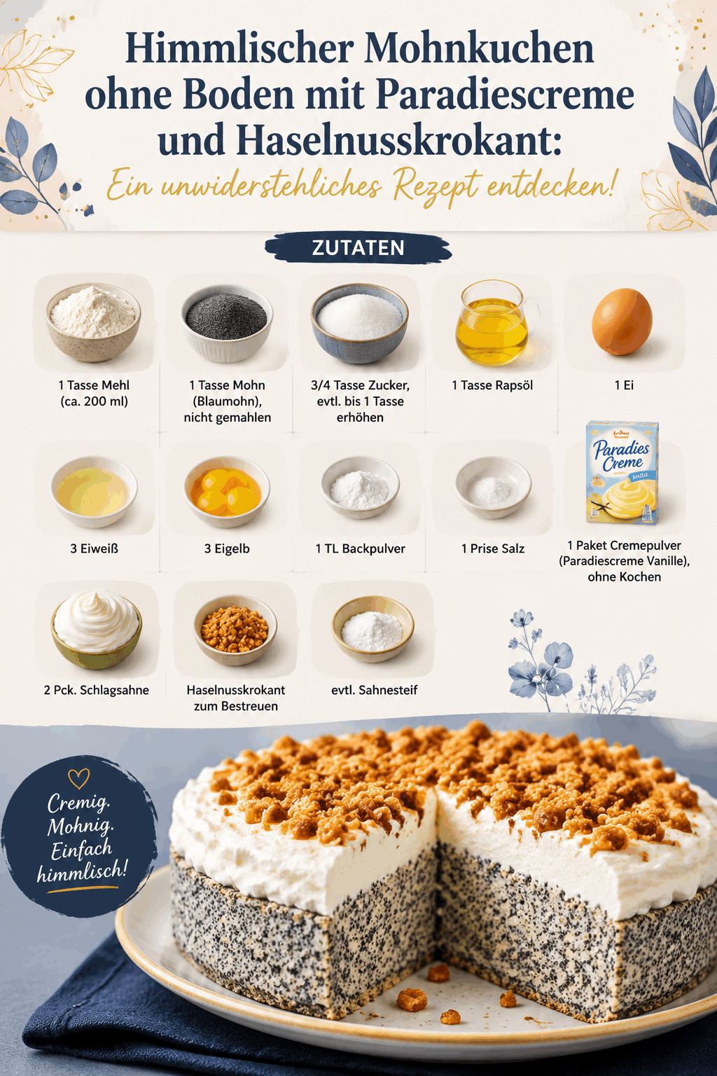 Himmlischer Mohnkuchen ohne Boden mit Paradiescreme und Haselnusskrokant: Ein unwiderstehliches Rezept entdecken!