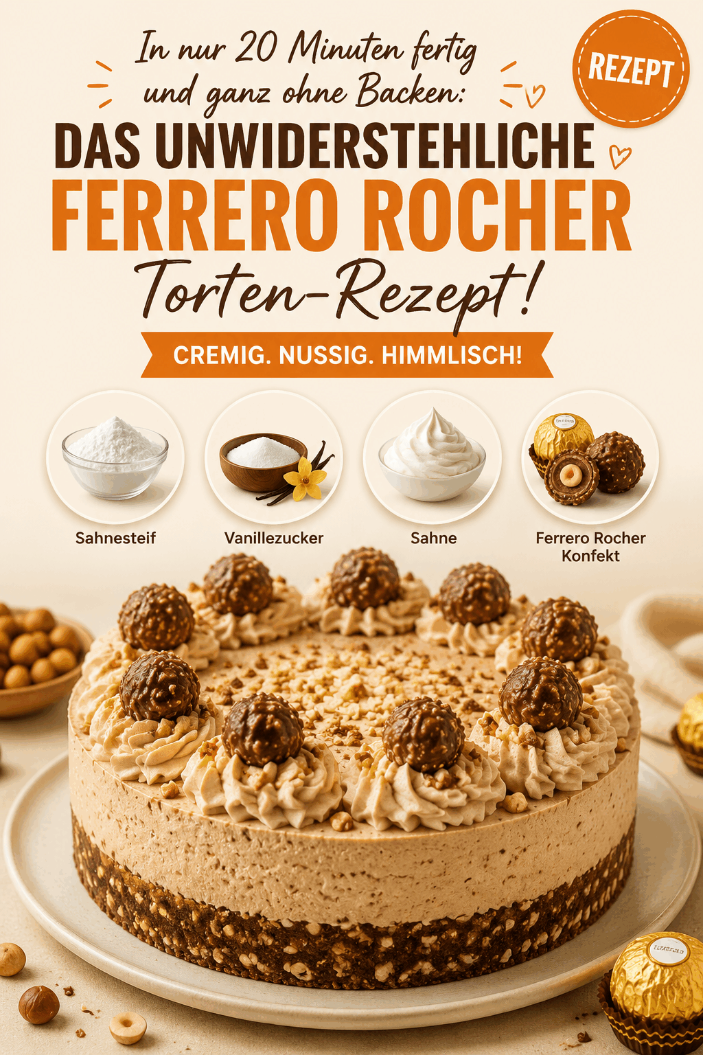 In nur 20 Minuten fertig und ganz ohne Backen: Das unwiderstehliche Ferrero Rocher Torten-Rezept!