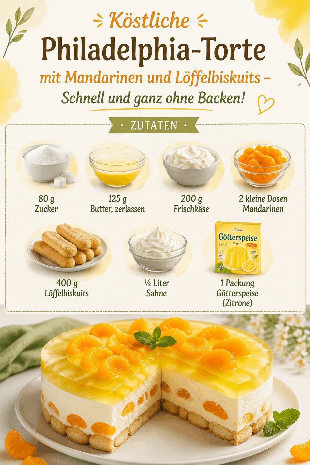 Köstliche Philadelphia-Torte mit Mandarinen und Löffelbiskuits – Schnell und ganz ohne Backen!