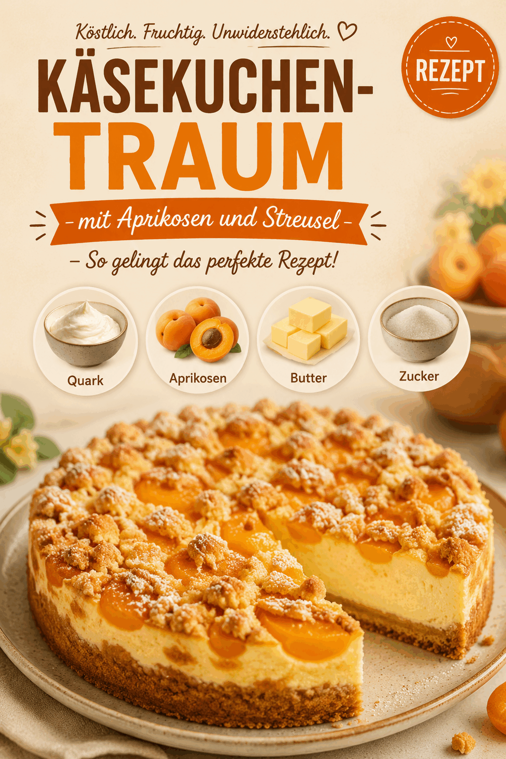 Köstlicher Käsekuchen-Traum mit Aprikosen und Streusel – So gelingt das perfekte Rezept!