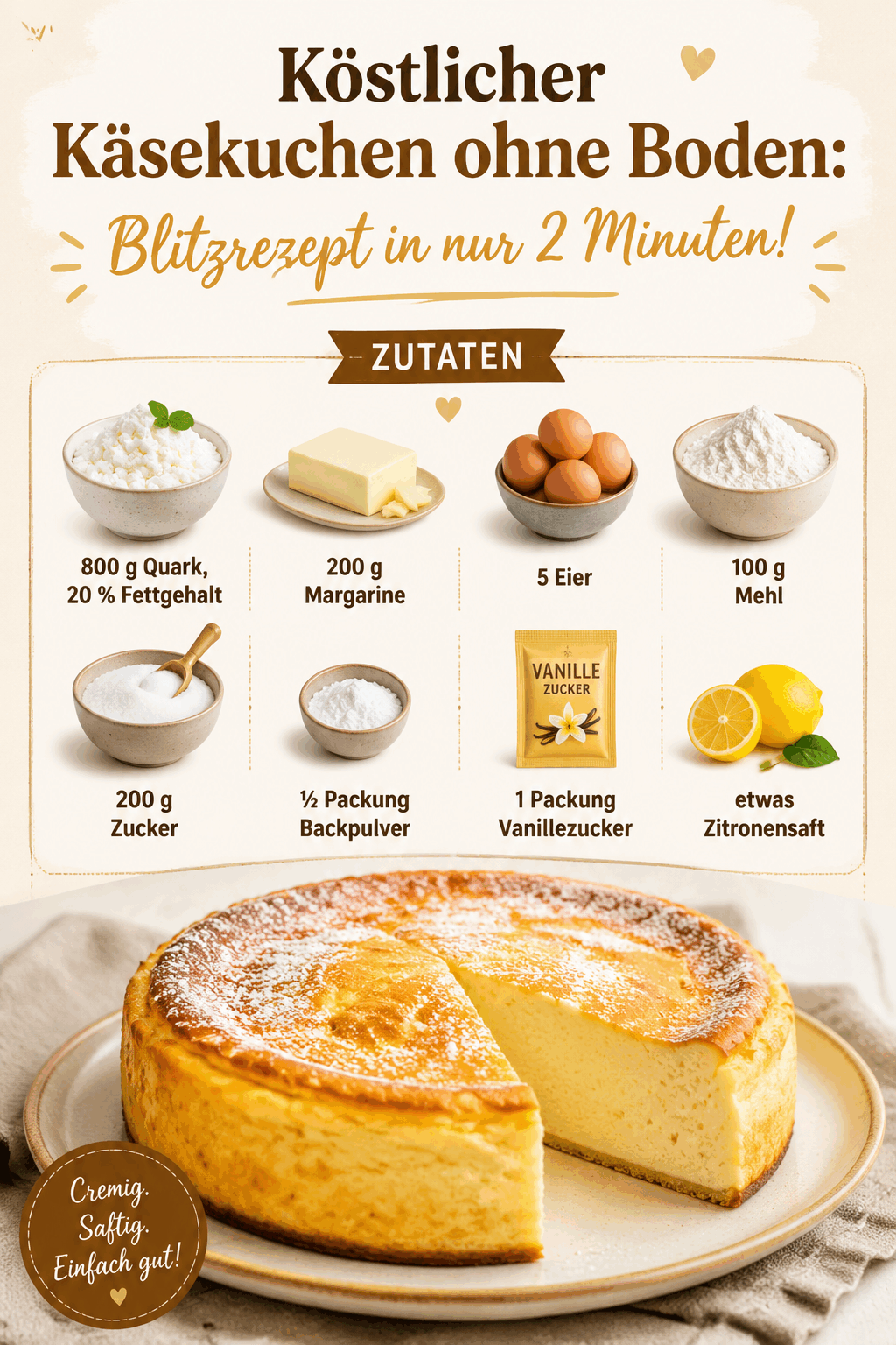 Köstlicher Käsekuchen ohne Boden: Blitzrezept in nur 2 Minuten!