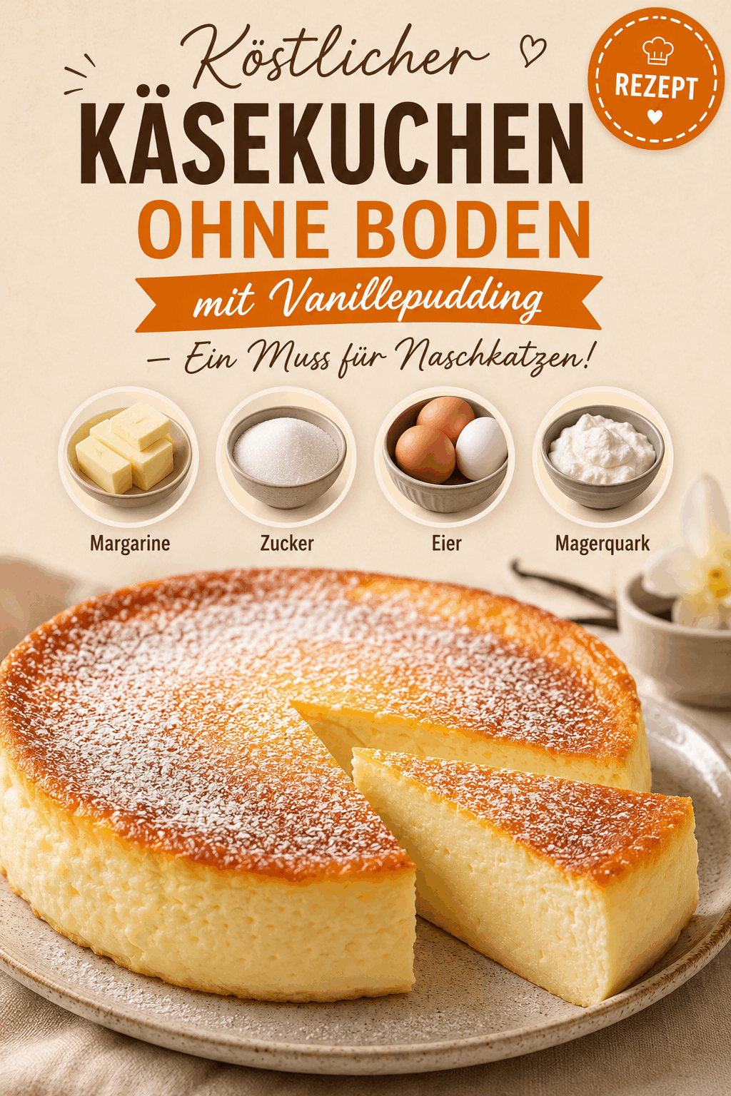 Köstlicher Käsekuchen ohne Boden mit Vanillepudding – Ein Muss für Naschkatzen!
