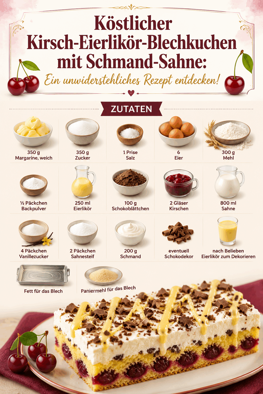 Köstlicher Kirsch-Eierlikör-Blechkuchen mit Schmand-Sahne: Ein unwiderstehliches Rezept entdecken!