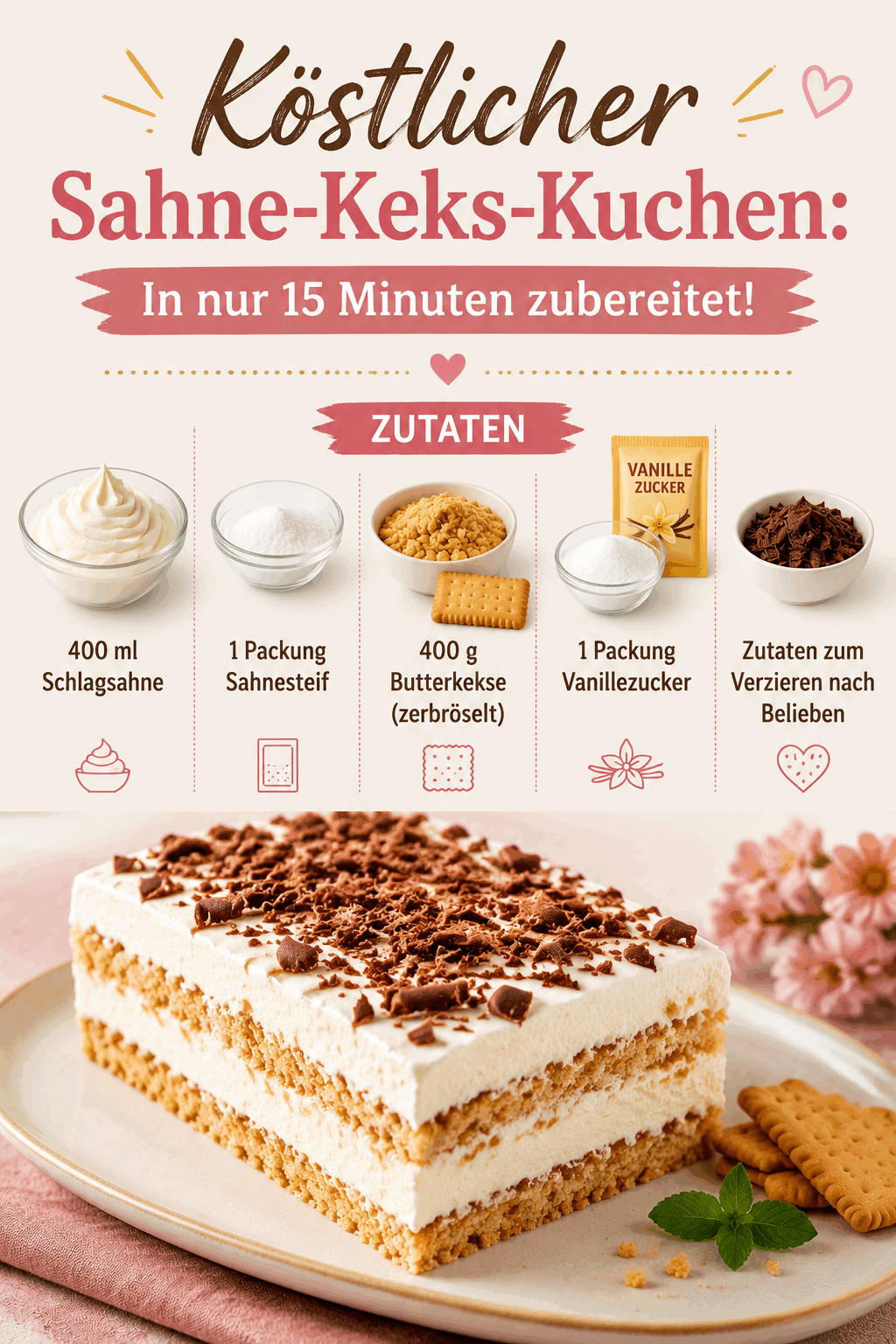 Köstlicher Sahne-Keks-Kuchen: In nur 15 Minuten zubereitet!