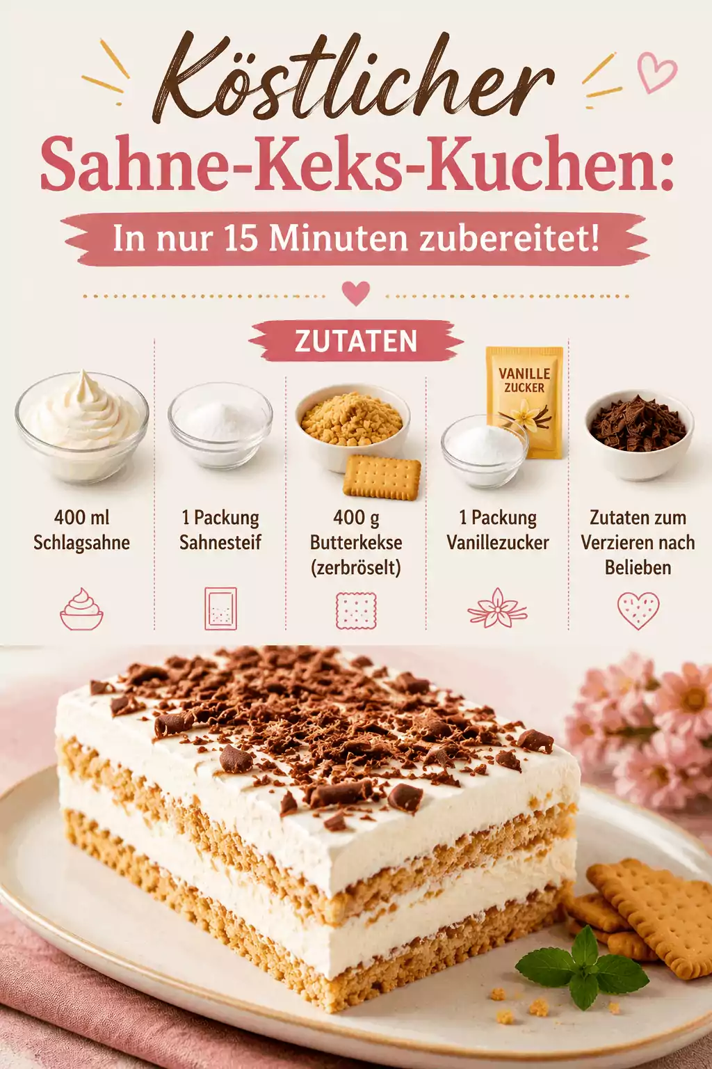 Köstlicher Sahne-Keks-Kuchen: In nur 15 Minuten zubereitet!