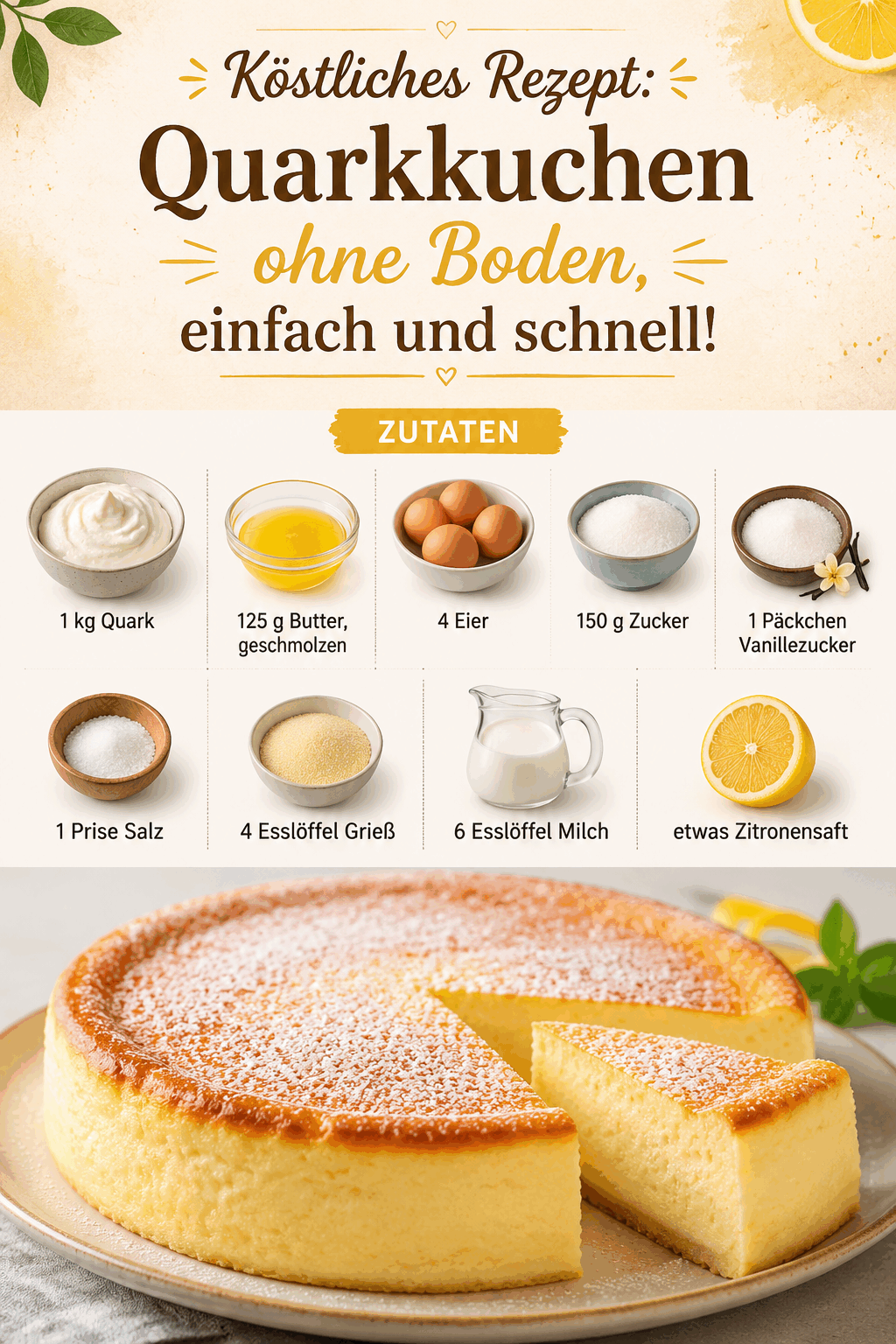 Köstliches Rezept: Quarkkuchen ohne Boden, einfach und schnell!
