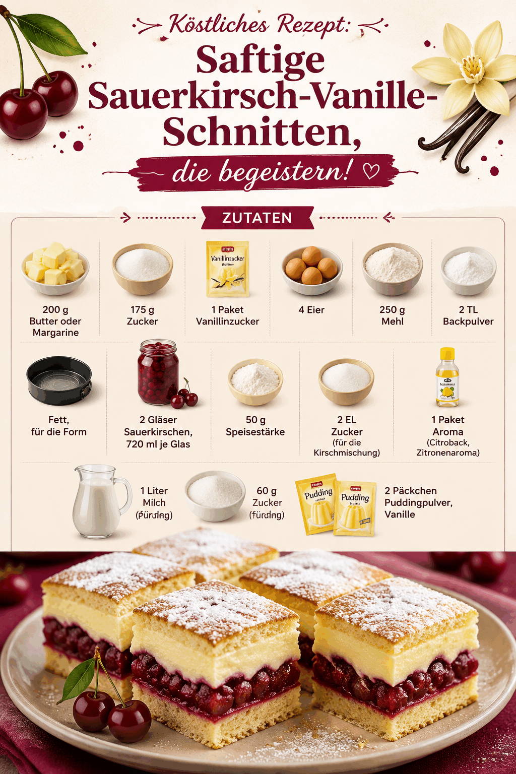 Köstliches Rezept: Saftige Sauerkirsch-Vanille-Schnitten, die begeistern!