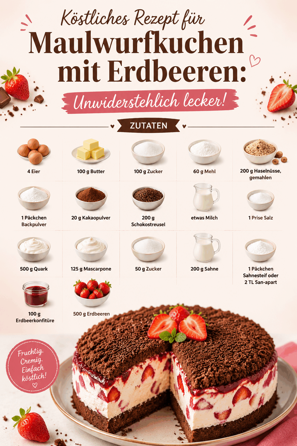 Köstliches Rezept für Maulwurfkuchen mit Erdbeeren: Unwiderstehlich lecker!