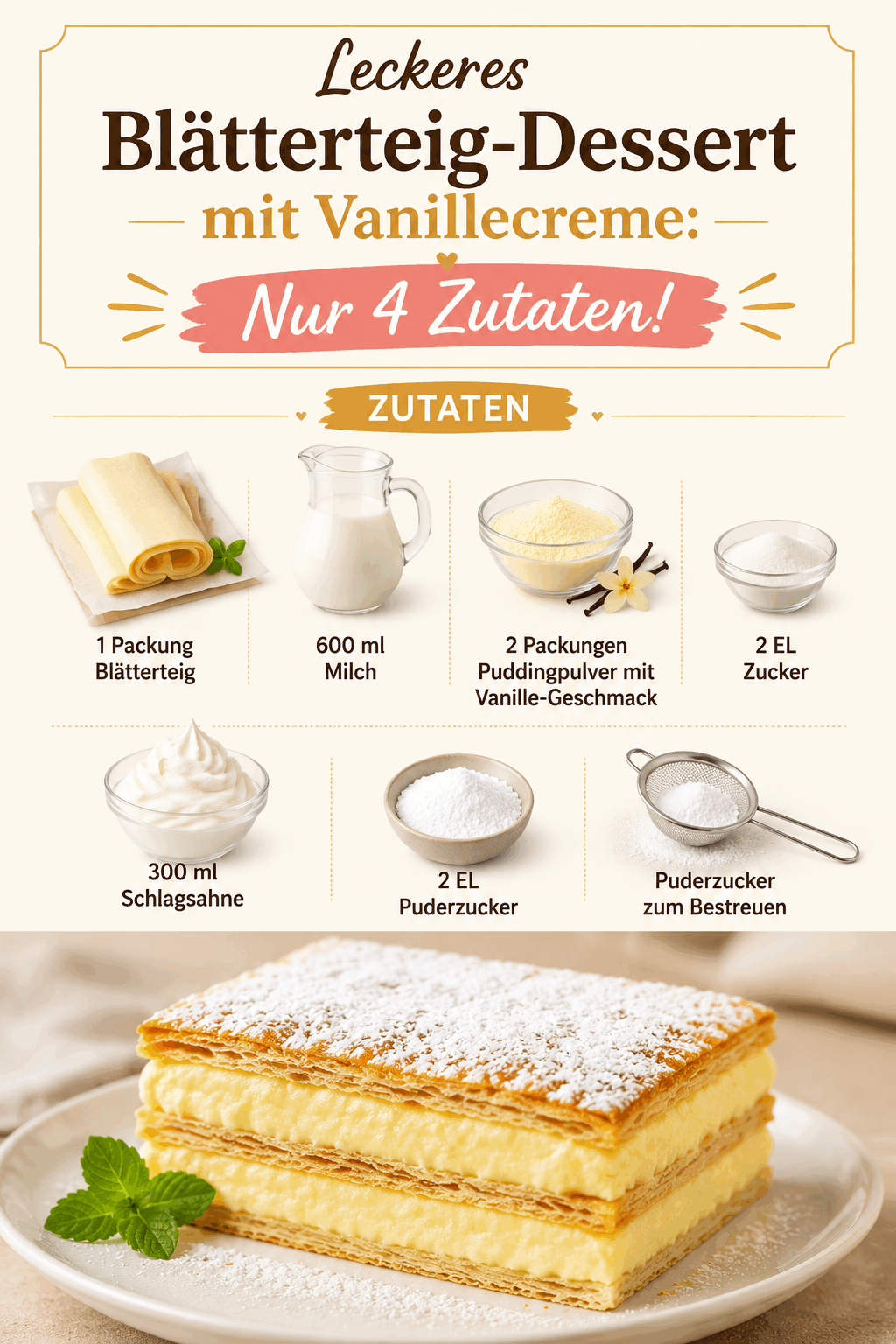 Leckeres Blätterteig-Dessert mit Vanillecreme: Nur 4 Zutaten!