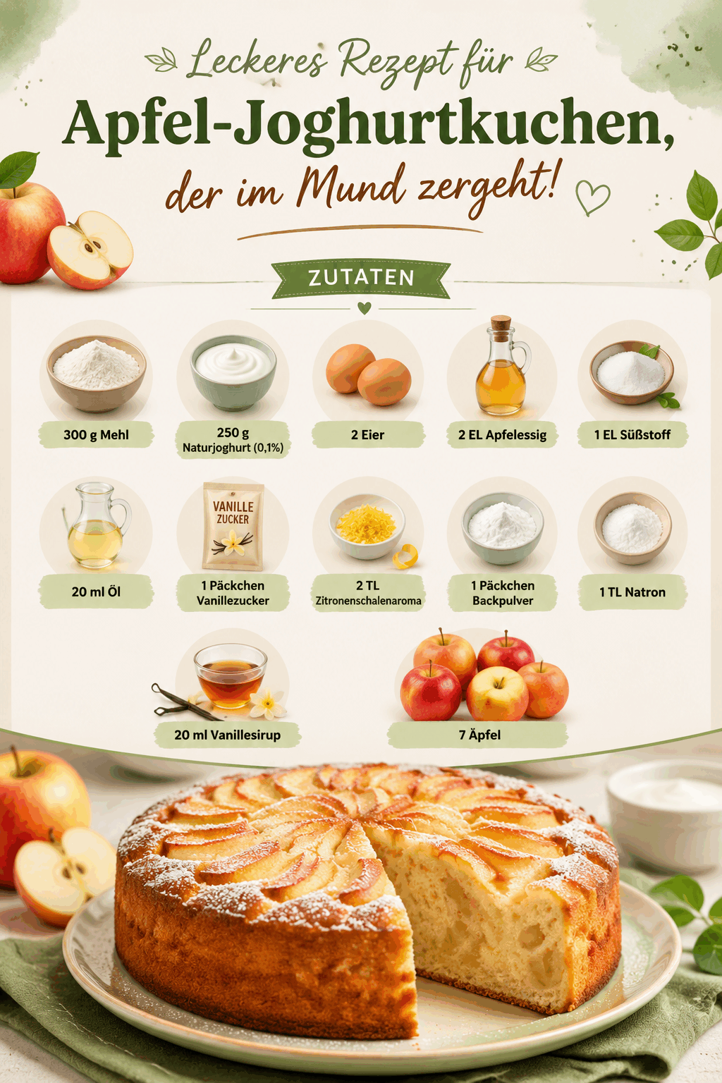 Leckeres Rezept für Apfel-Joghurtkuchen, der im Mund zergeht!