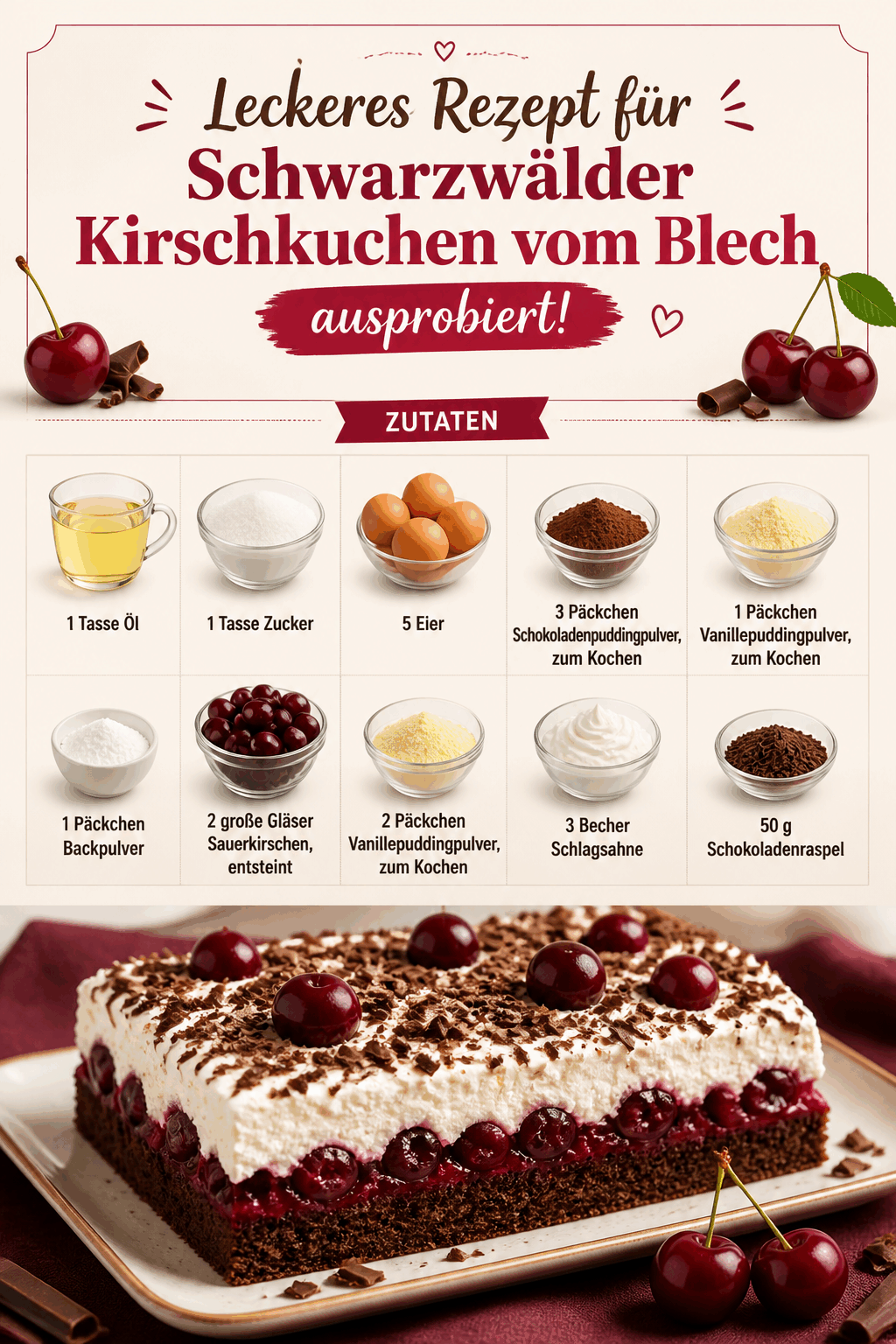 Leckeres Rezept für Schwarzwälder Kirschkuchen vom Blech ausprobiert!