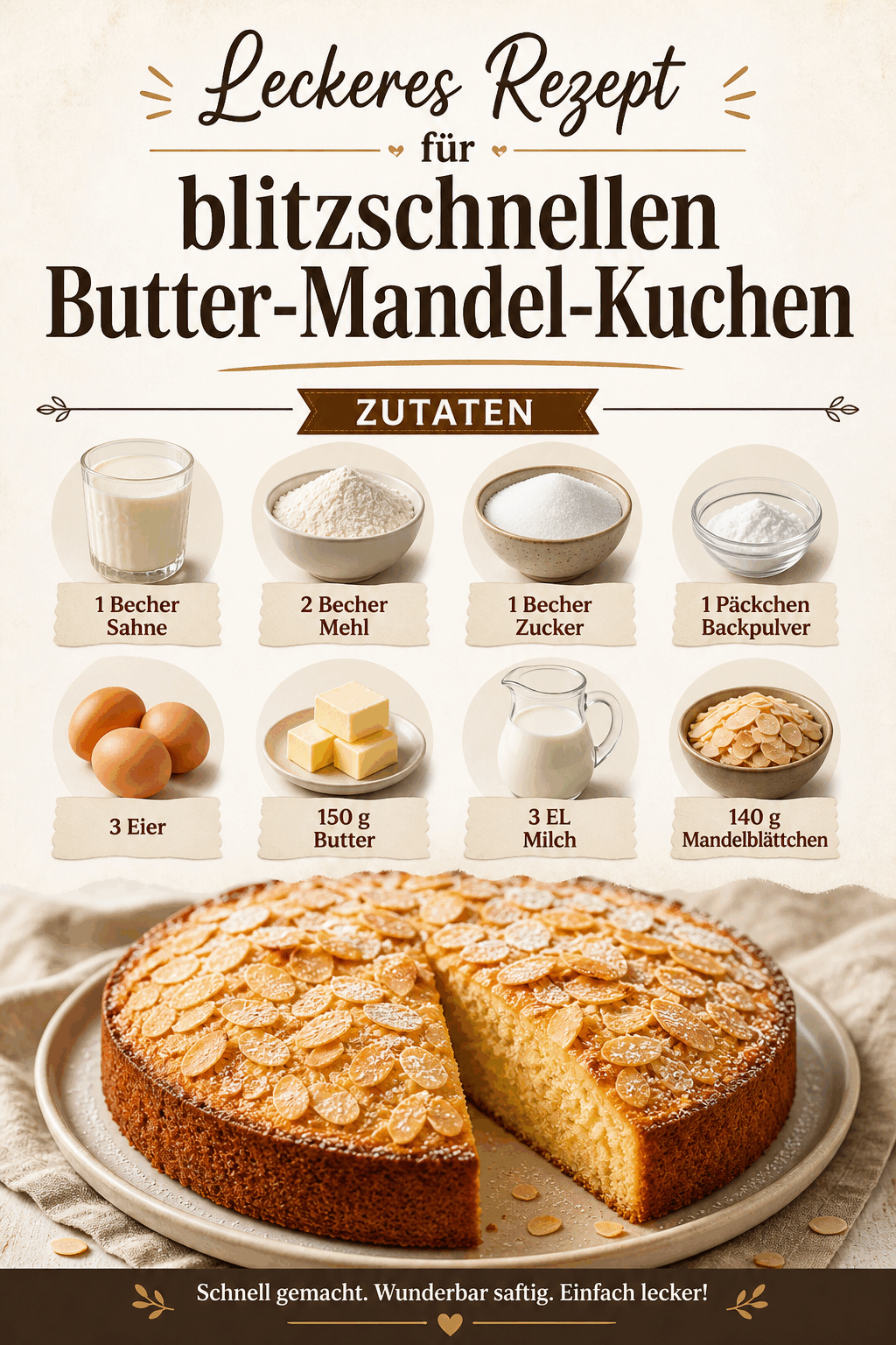 Leckeres Rezept für blitzschnellen Butter-Mandel-Kuchen