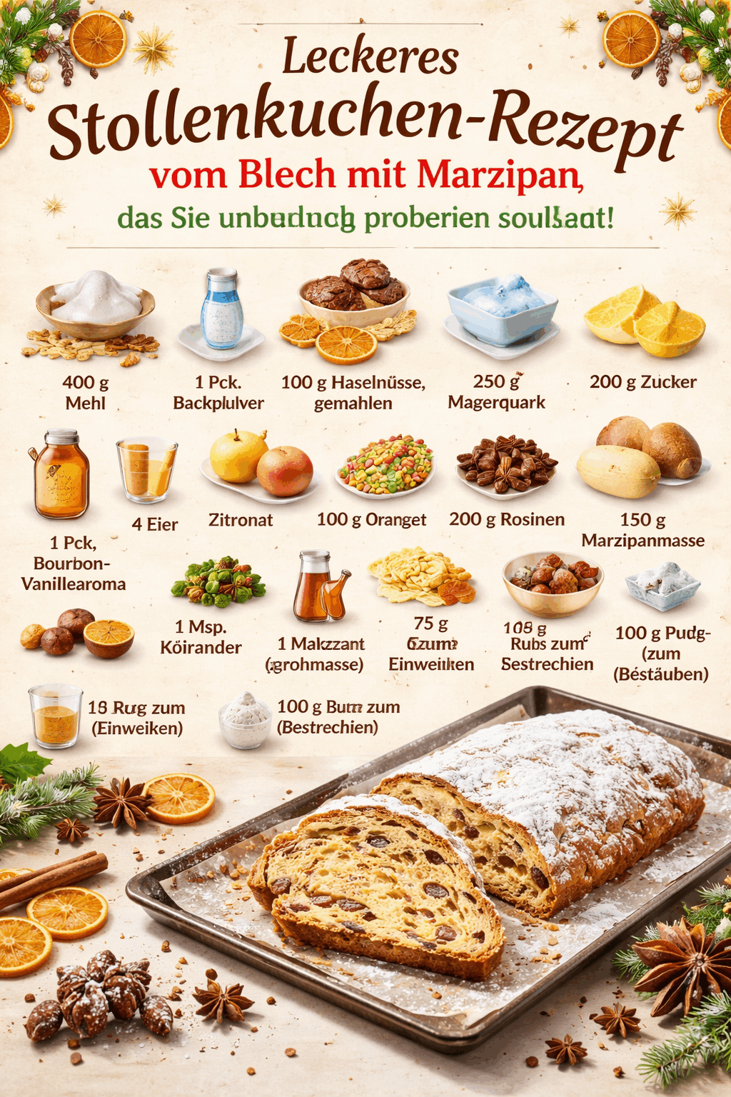 Leckeres Stollenkuchen-Rezept vom Blech mit Marzipan, das Sie unbedingt probieren sollten!