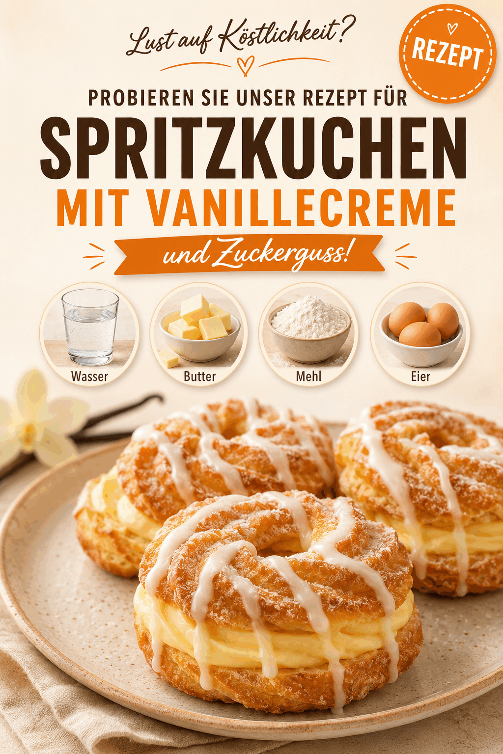 Lust auf Köstlichkeit? Probieren Sie unser Rezept für Spritzkuchen mit Vanillecreme und Zuckerguss!