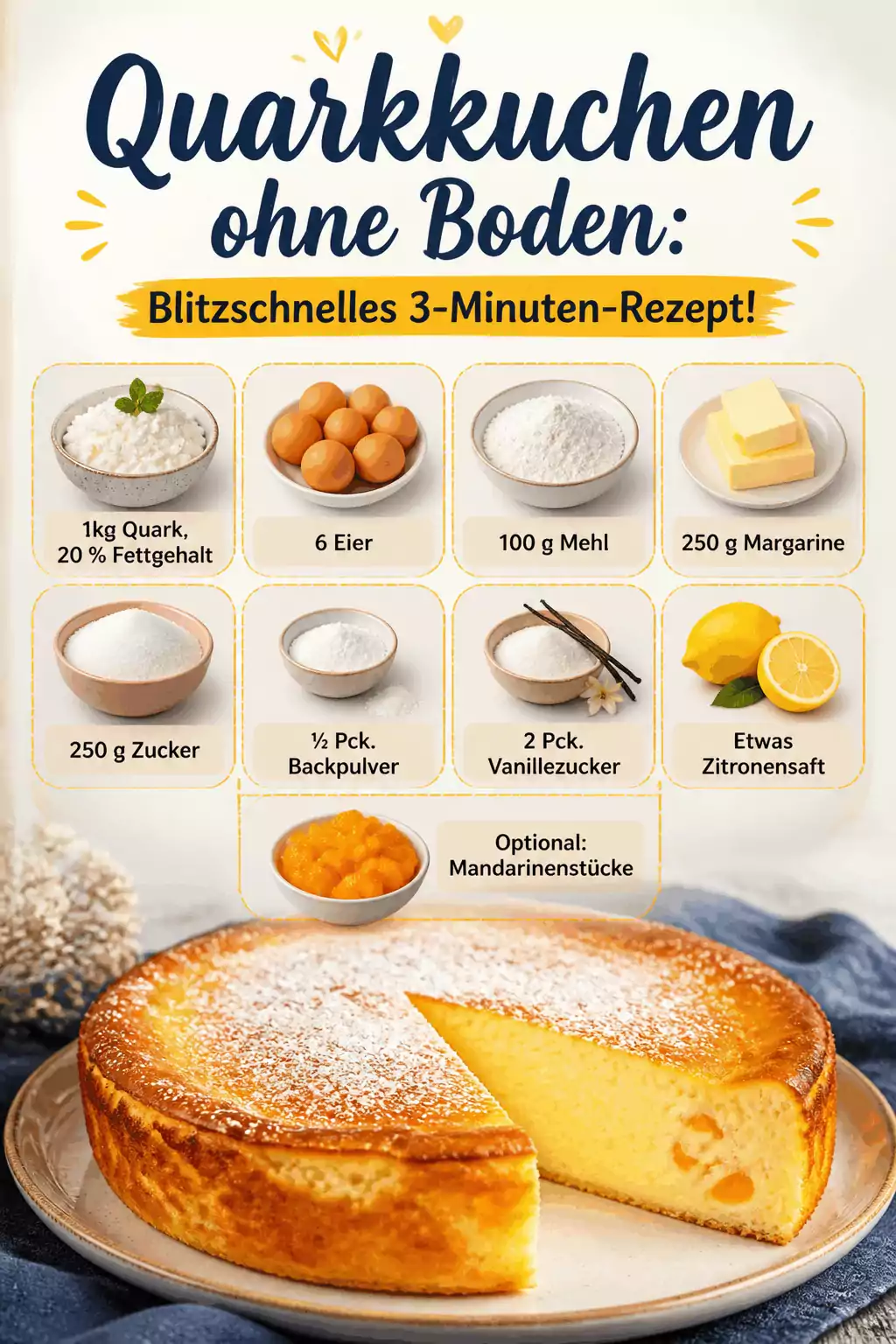 Quarkkuchen ohne Boden: Blitzschnelles 3-Minuten-Rezept!