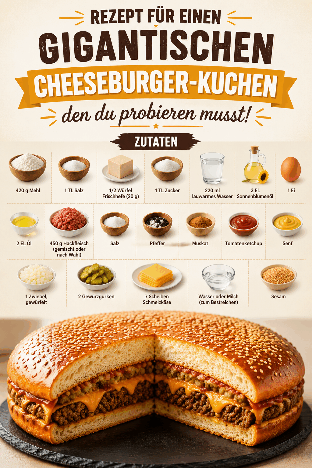 Rezept für einen gigantischen Cheeseburger-Kuchen, den du probieren musst!