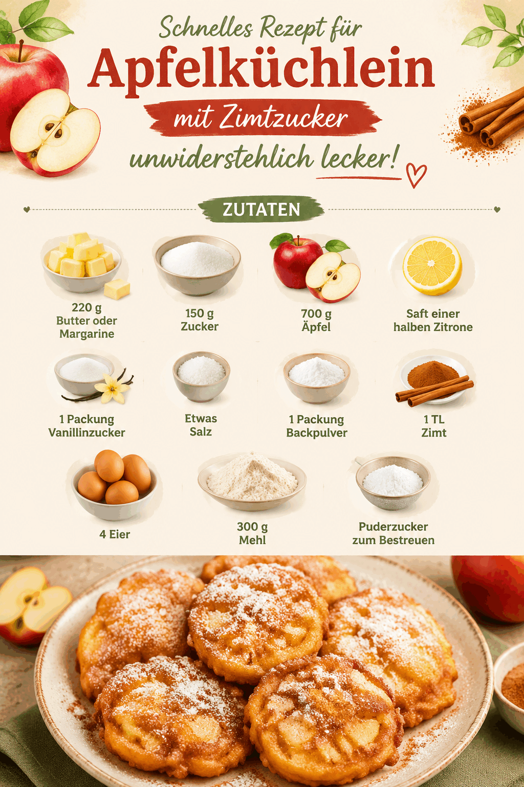 Schnelles Rezept für Apfelküchlein mit Zimtzucker, unwiderstehlich lecker!