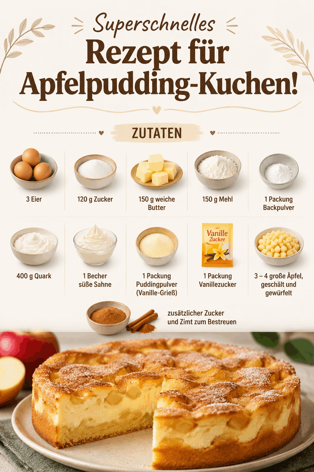 Superschnelles Rezept für Apfelpudding-Kuchen!