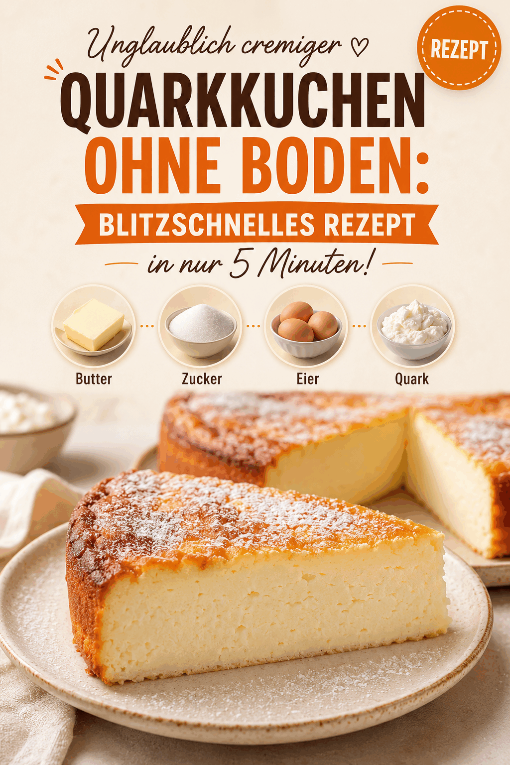 Unglaublich cremiger Quarkkuchen ohne Boden: Blitzschnelles Rezept in nur 5 Minuten!