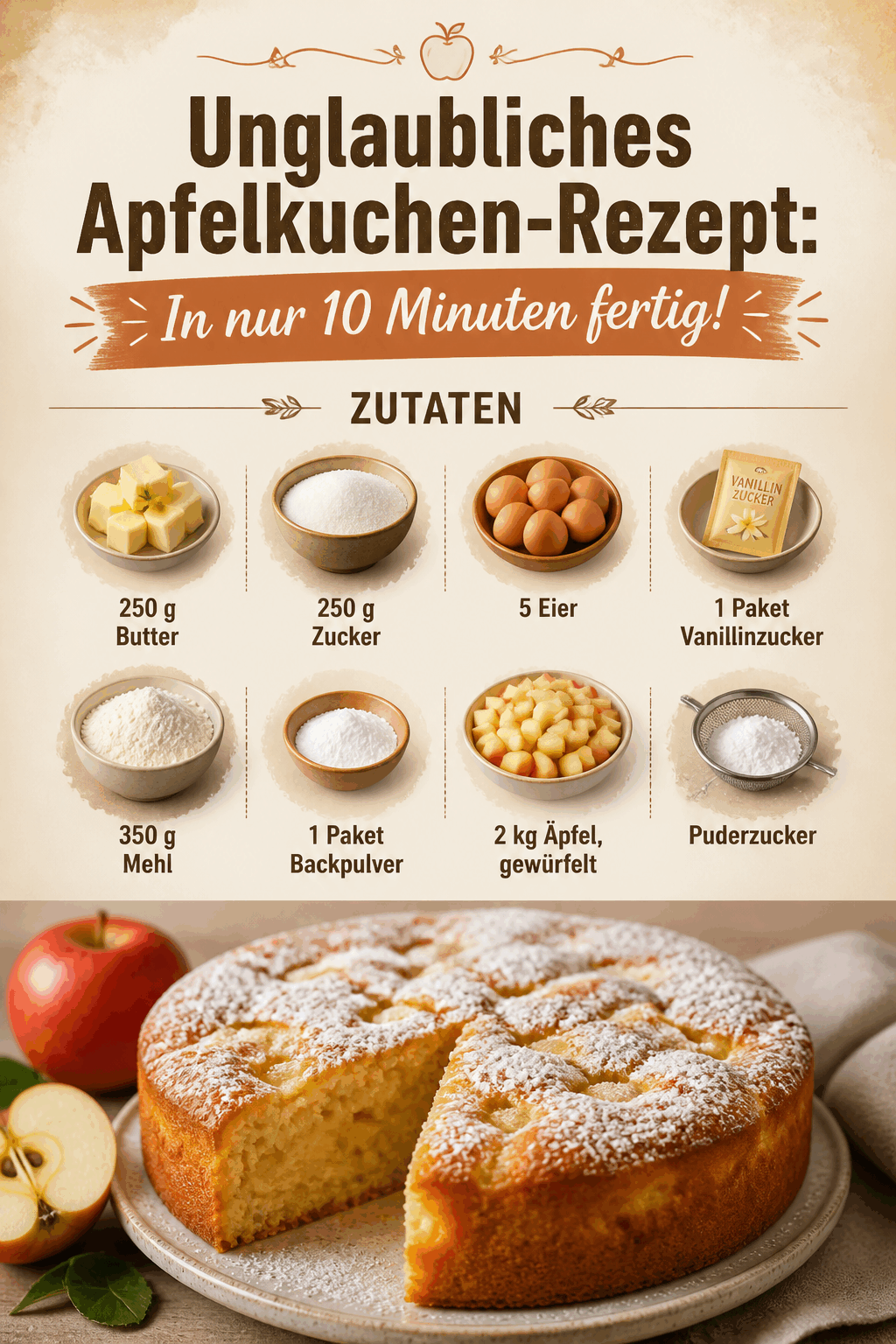 Unglaubliches Apfelkuchen-Rezept: In nur 10 Minuten fertig!
