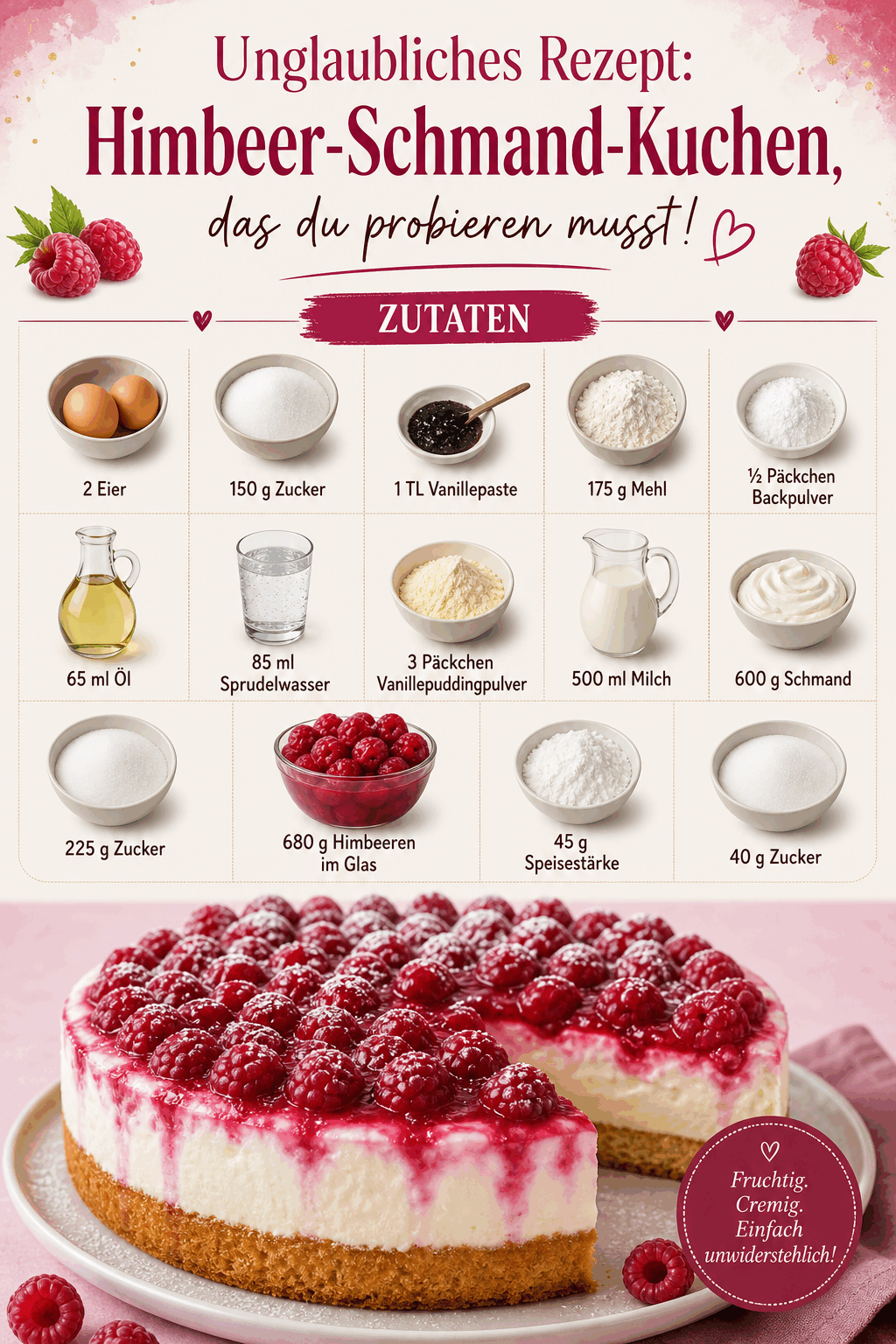Unglaubliches Rezept: Himbeer-Schmand-Kuchen, das du probieren musst!